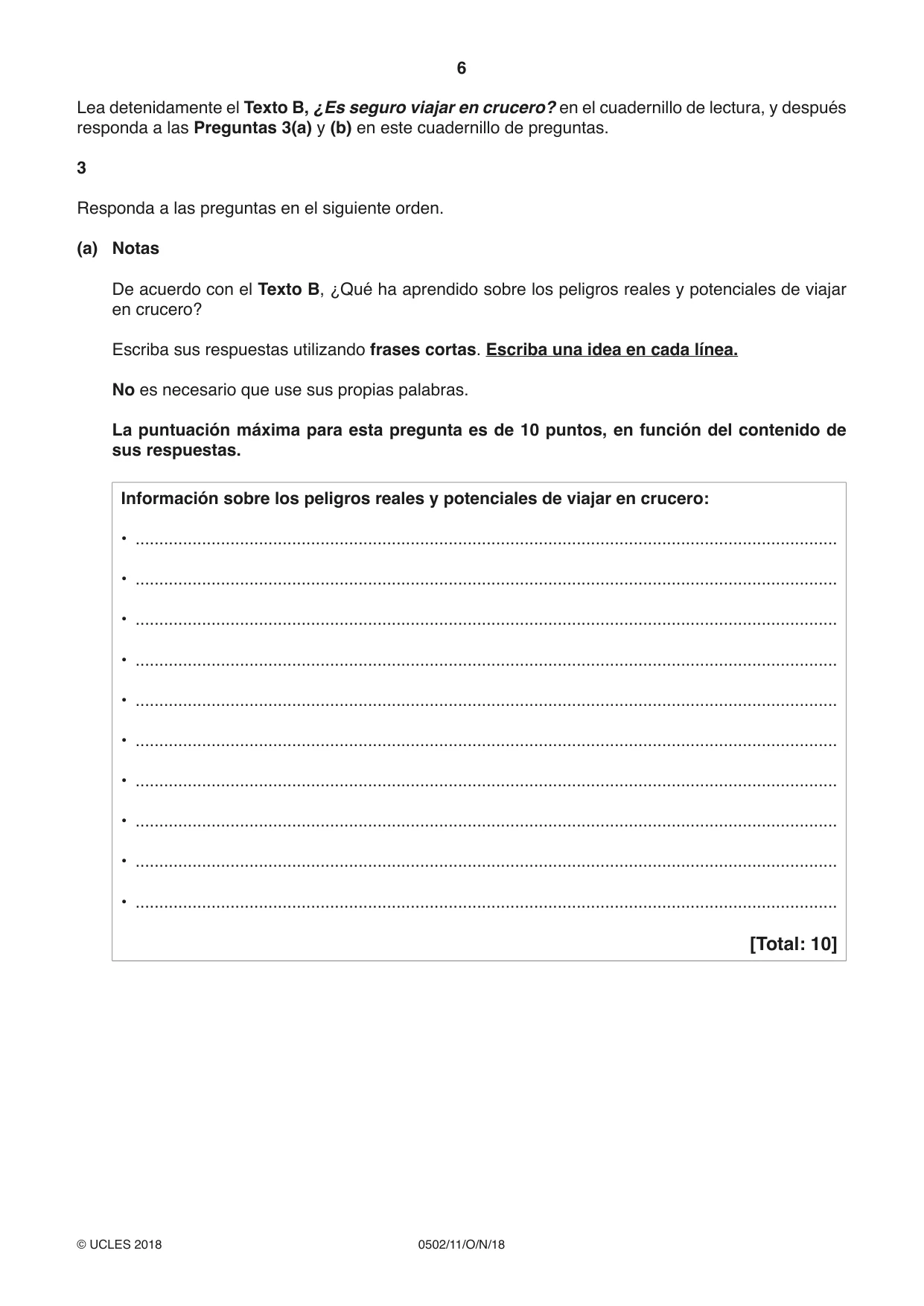 Cambridge IGCSE Spanish - First Language 0502 2018 Oct/Nov Paper 1 · Variant 1 question paper, page 6 of 12
