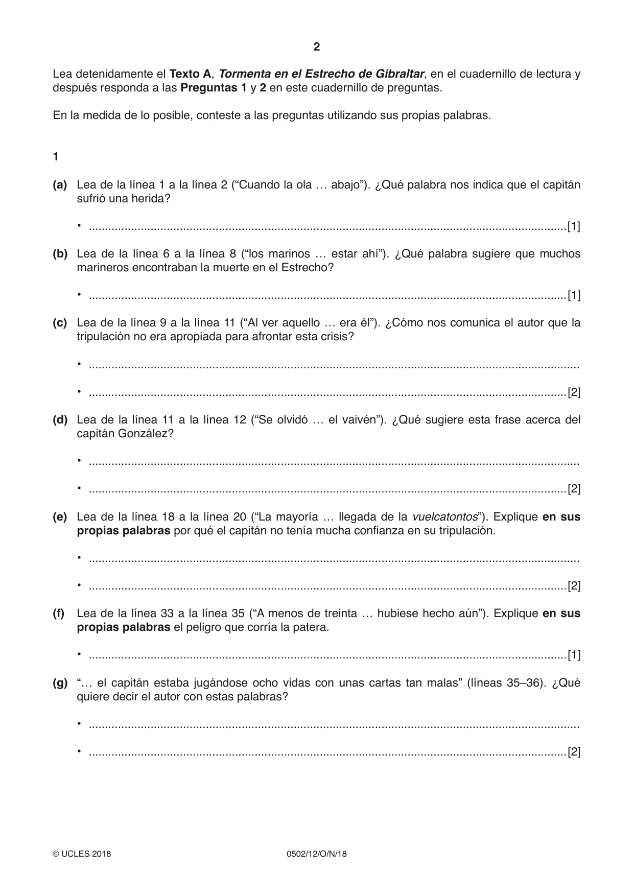 Cambridge IGCSE Spanish - First Language 0502 2018 Oct/Nov Paper 1 · Variant 2 question paper, page 2 of 12