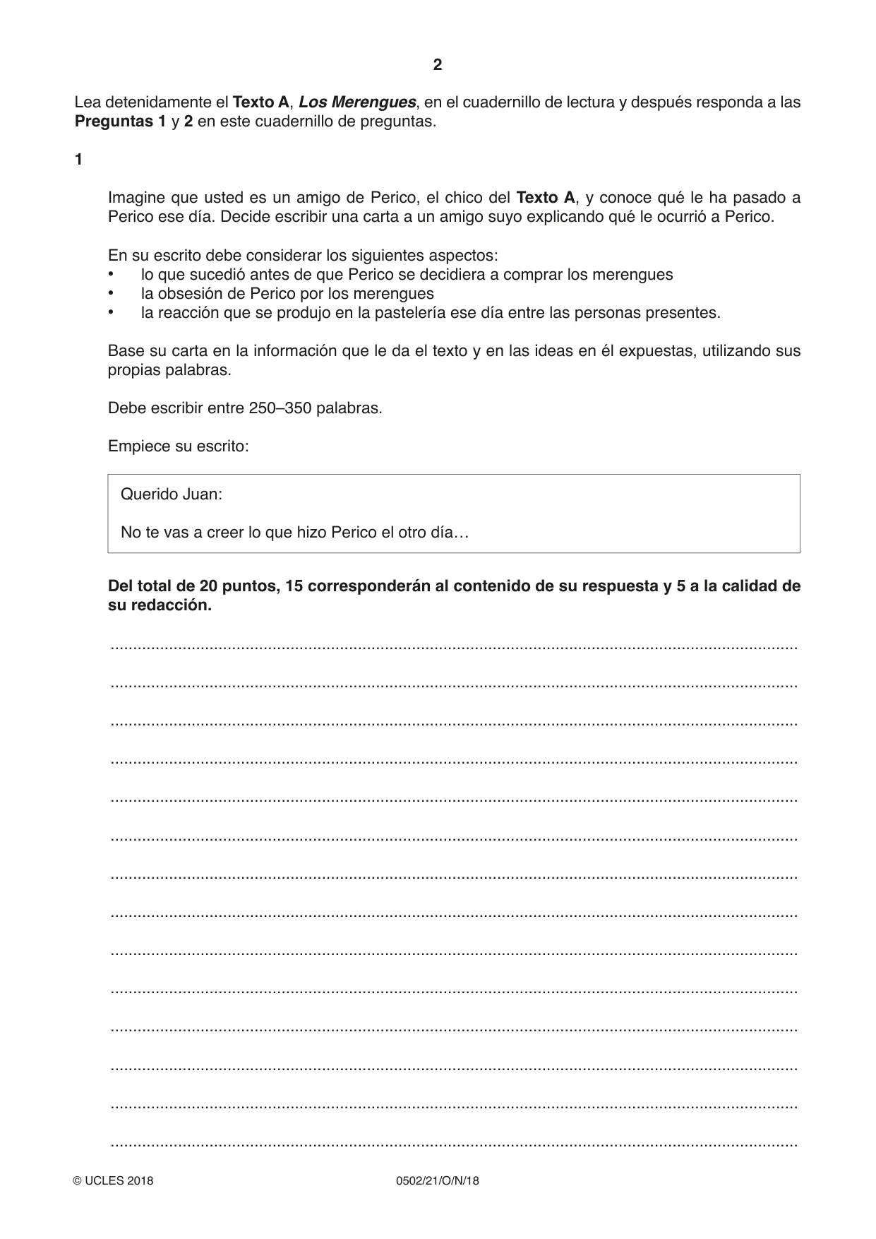 Cambridge IGCSE Spanish - First Language 0502 2018 Oct/Nov Paper 2 · Variant 1 question paper, page 2 of 12