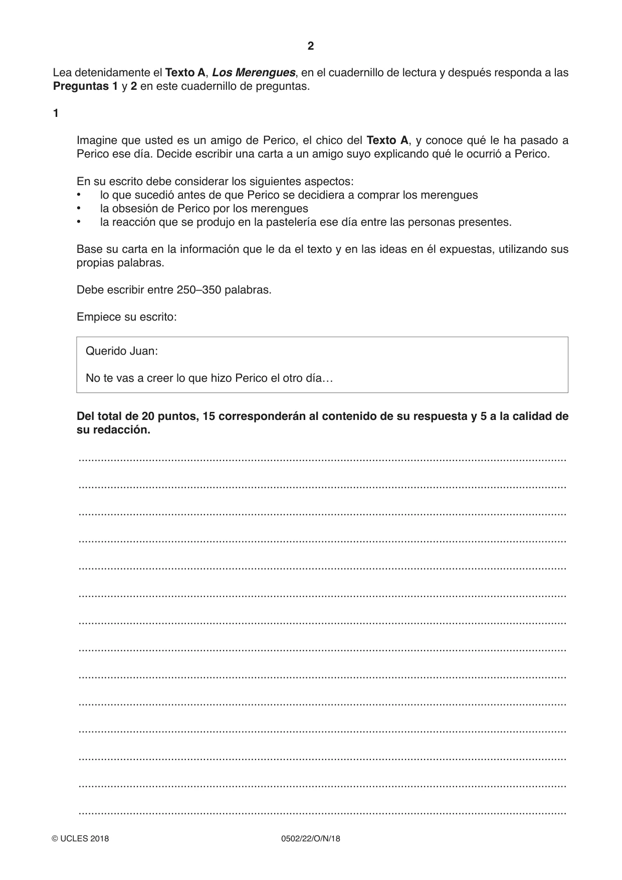 Cambridge IGCSE Spanish - First Language 0502 2018 Oct/Nov Paper 2 · Variant 2 question paper, page 2 of 12
