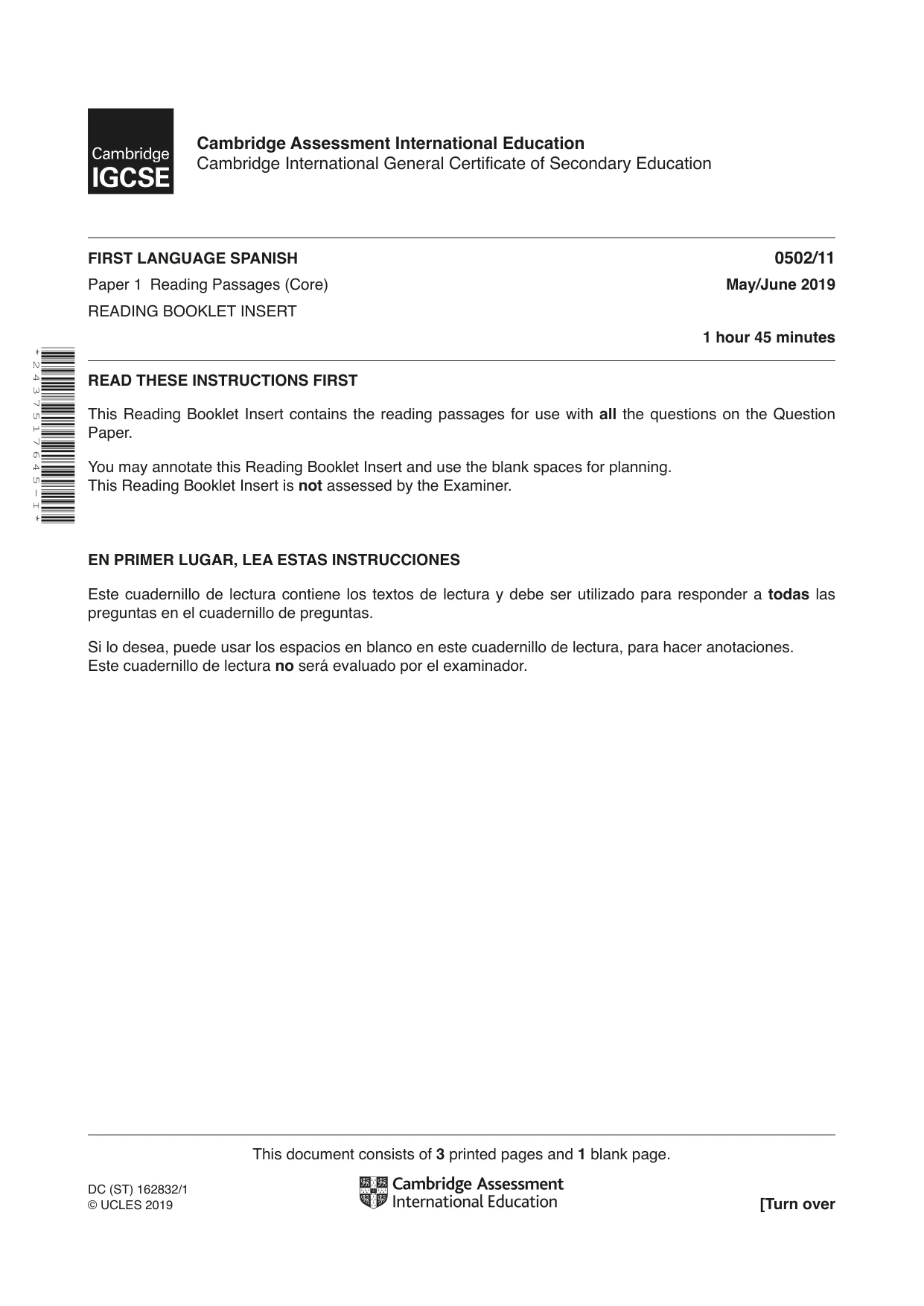 Cambridge IGCSE Spanish - First Language 0502 2019 May/June Paper 1 · Variant 1 question paper, page 1 of 4
