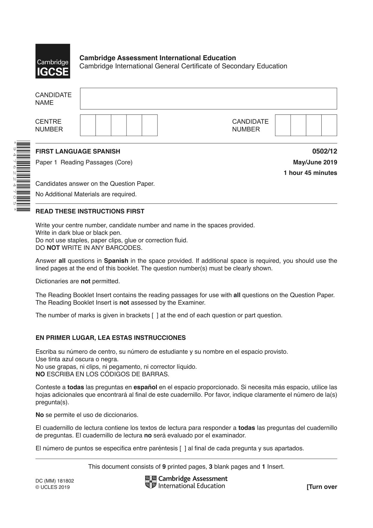 Cambridge IGCSE Spanish - First Language 0502 2019 May/June Paper 1 · Variant 2 question paper, page 1 of 12