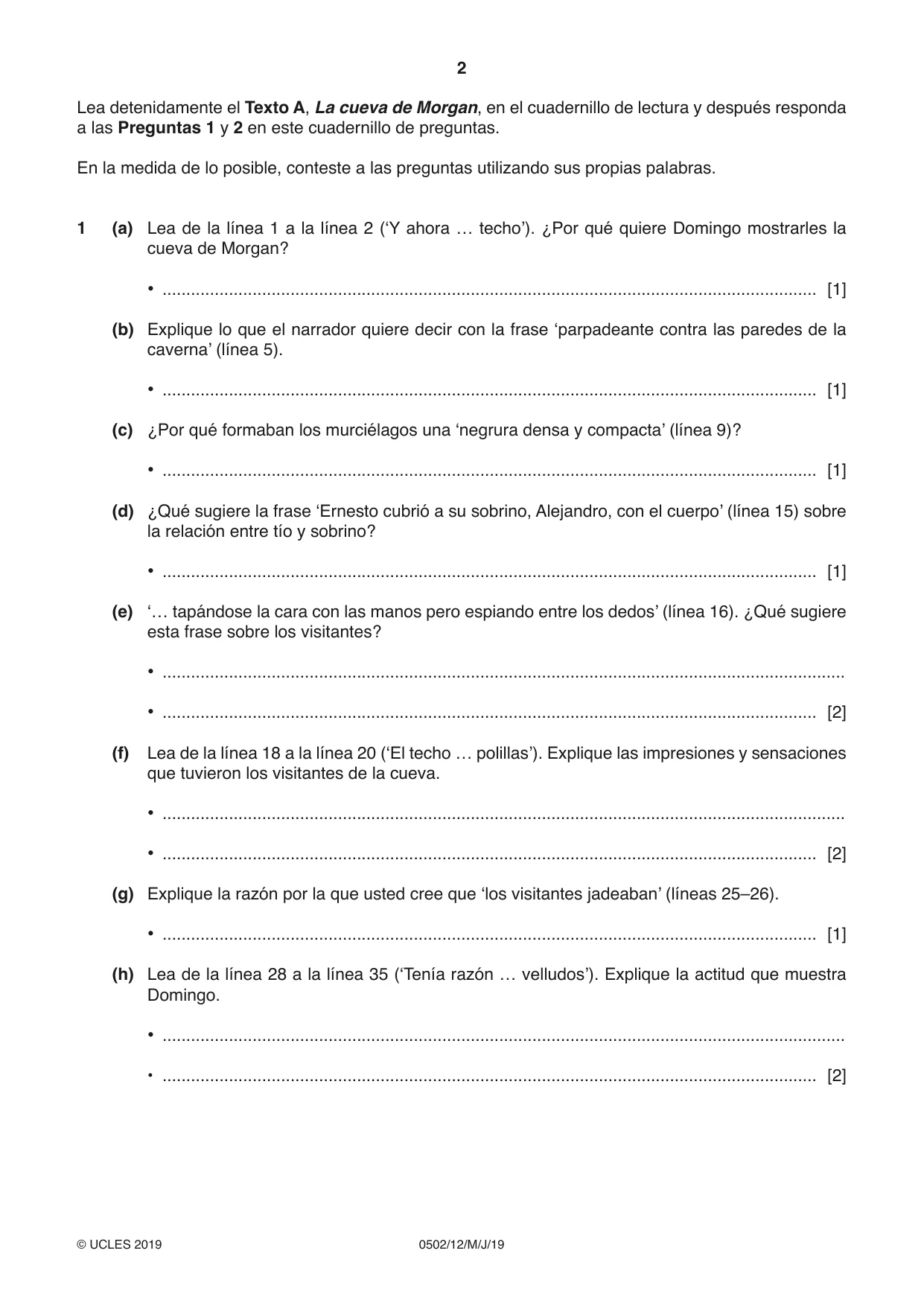 Cambridge IGCSE Spanish - First Language 0502 2019 May/June Paper 1 · Variant 2 question paper, page 2 of 12