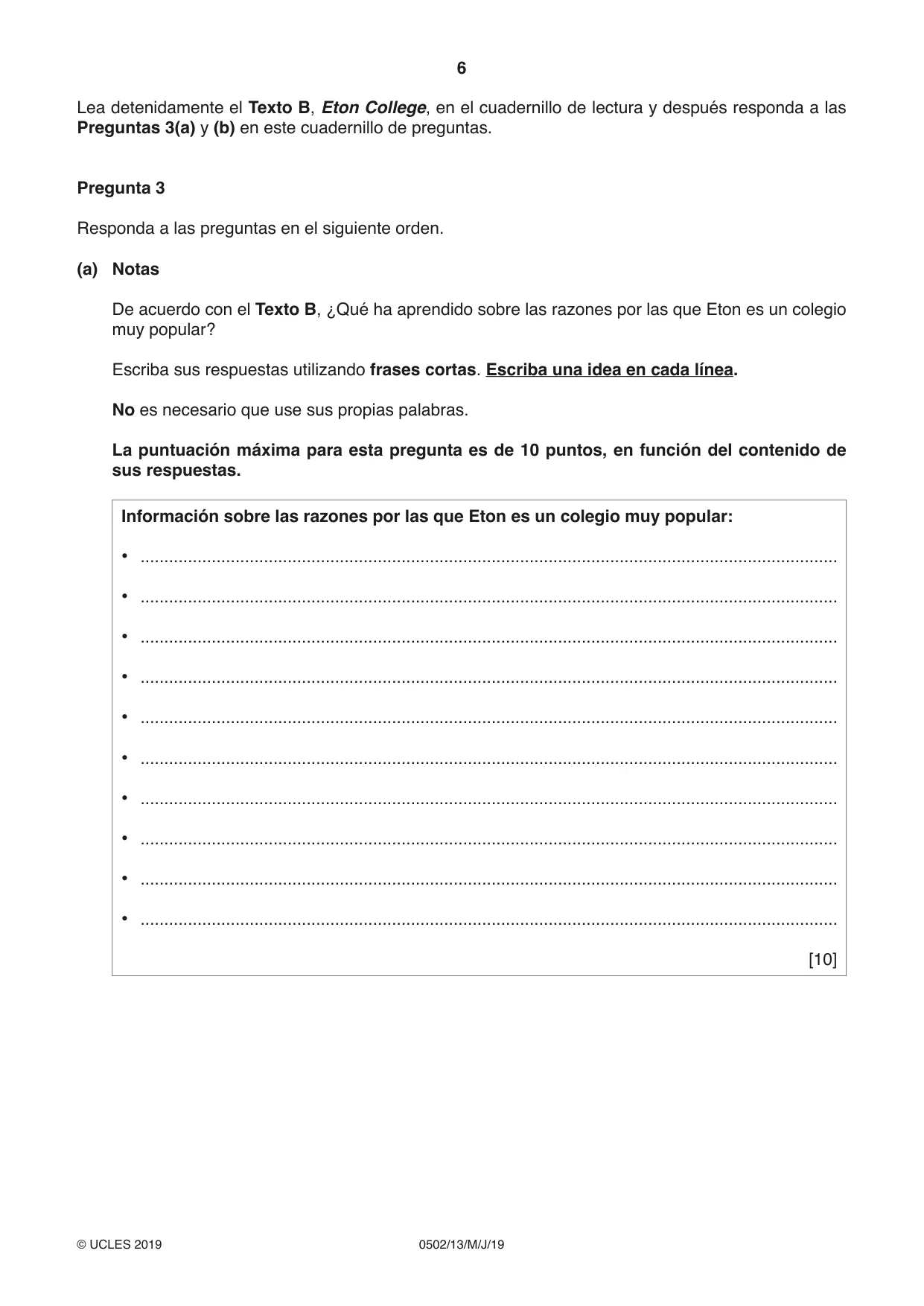 Cambridge IGCSE Spanish - First Language 0502 2019 May/June Paper 1 · Variant 3 question paper, page 6 of 12