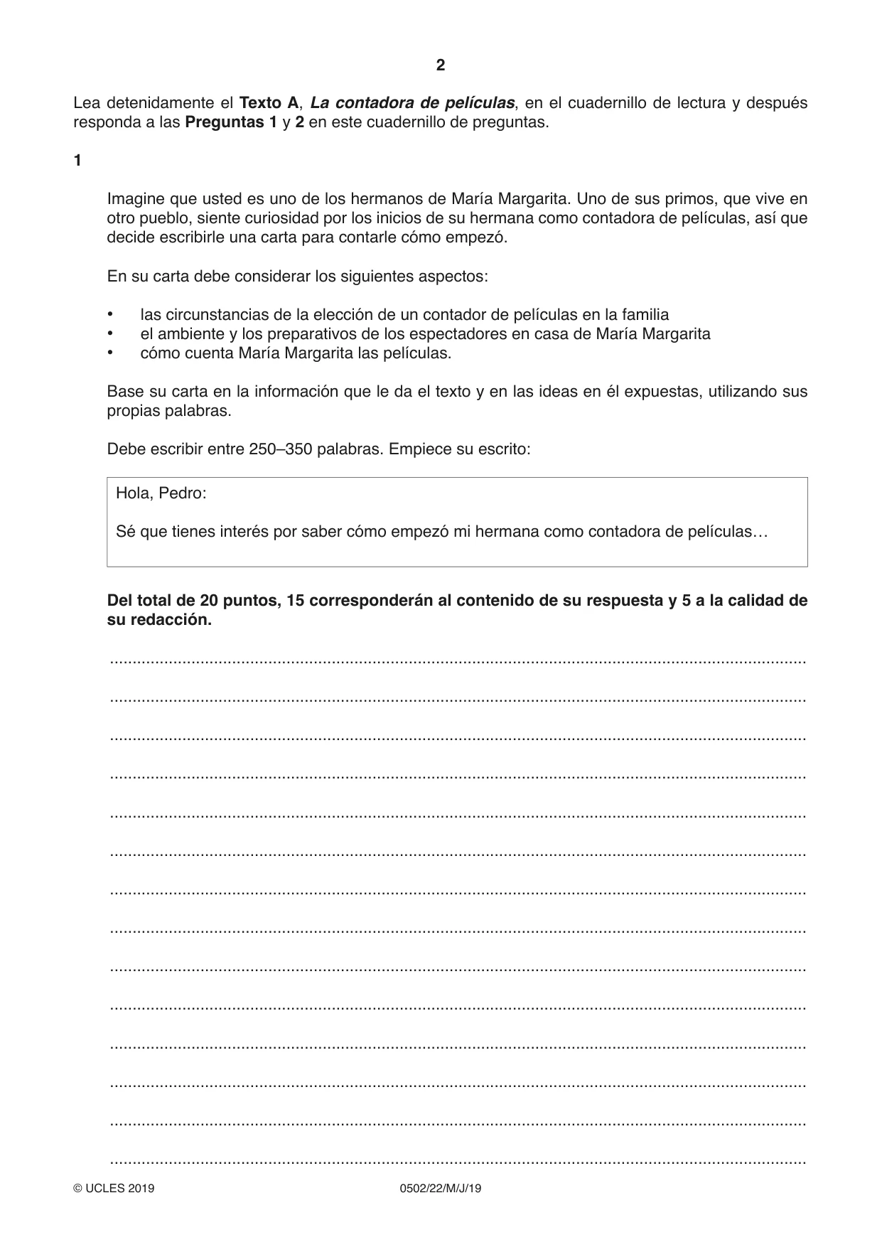 Cambridge IGCSE Spanish - First Language 0502 2019 May/June Paper 2 · Variant 2 question paper, page 2 of 12