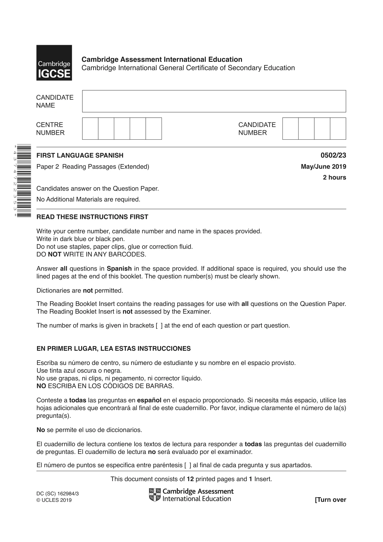 Cambridge IGCSE Spanish - First Language 0502 2019 May/June Paper 2 · Variant 3 question paper, page 1 of 12