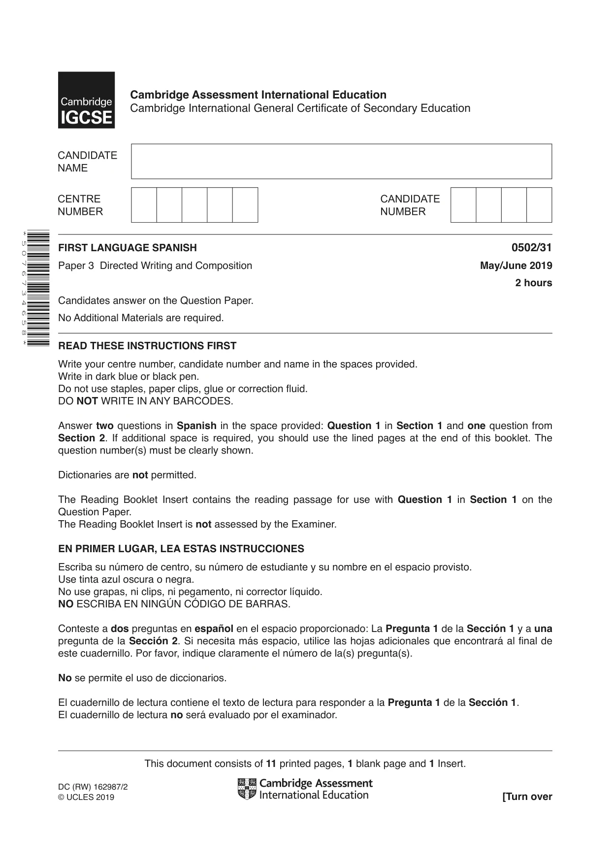 Cambridge IGCSE Spanish - First Language 0502 2019 May/June Paper 3 · Variant 1 question paper, page 1 of 12