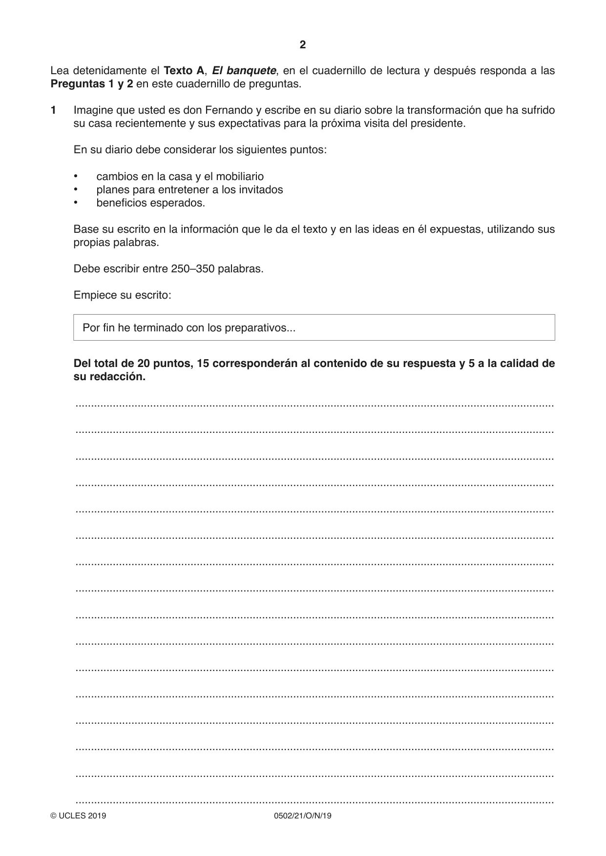 Cambridge IGCSE Spanish - First Language 0502 2019 Oct/Nov Paper 2 · Variant 1 question paper, page 2 of 12