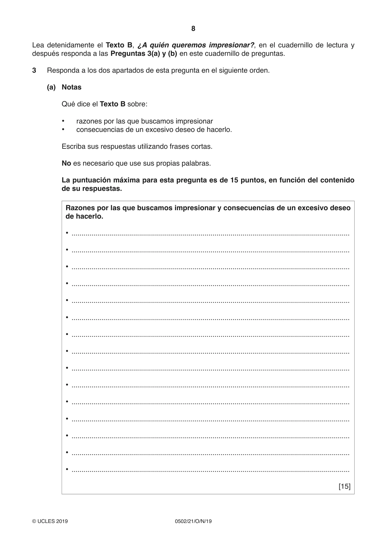 Cambridge IGCSE Spanish - First Language 0502 2019 Oct/Nov Paper 2 · Variant 1 question paper, page 8 of 12
