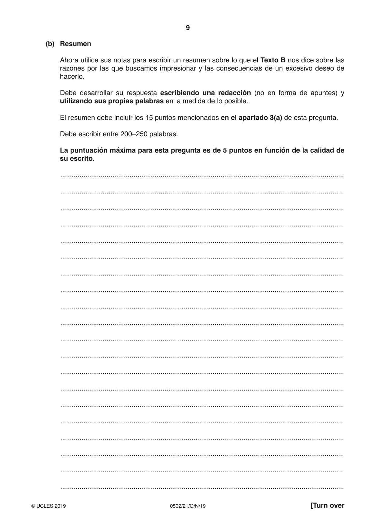 Cambridge IGCSE Spanish - First Language 0502 2019 Oct/Nov Paper 2 · Variant 1 question paper, page 9 of 12