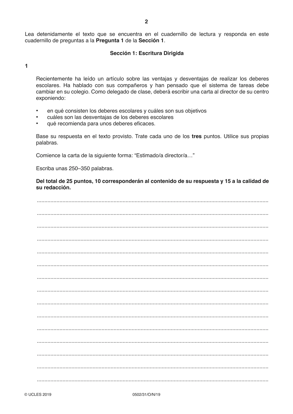 Cambridge IGCSE Spanish - First Language 0502 2019 Oct/Nov Paper 3 · Variant 1 question paper, page 2 of 12