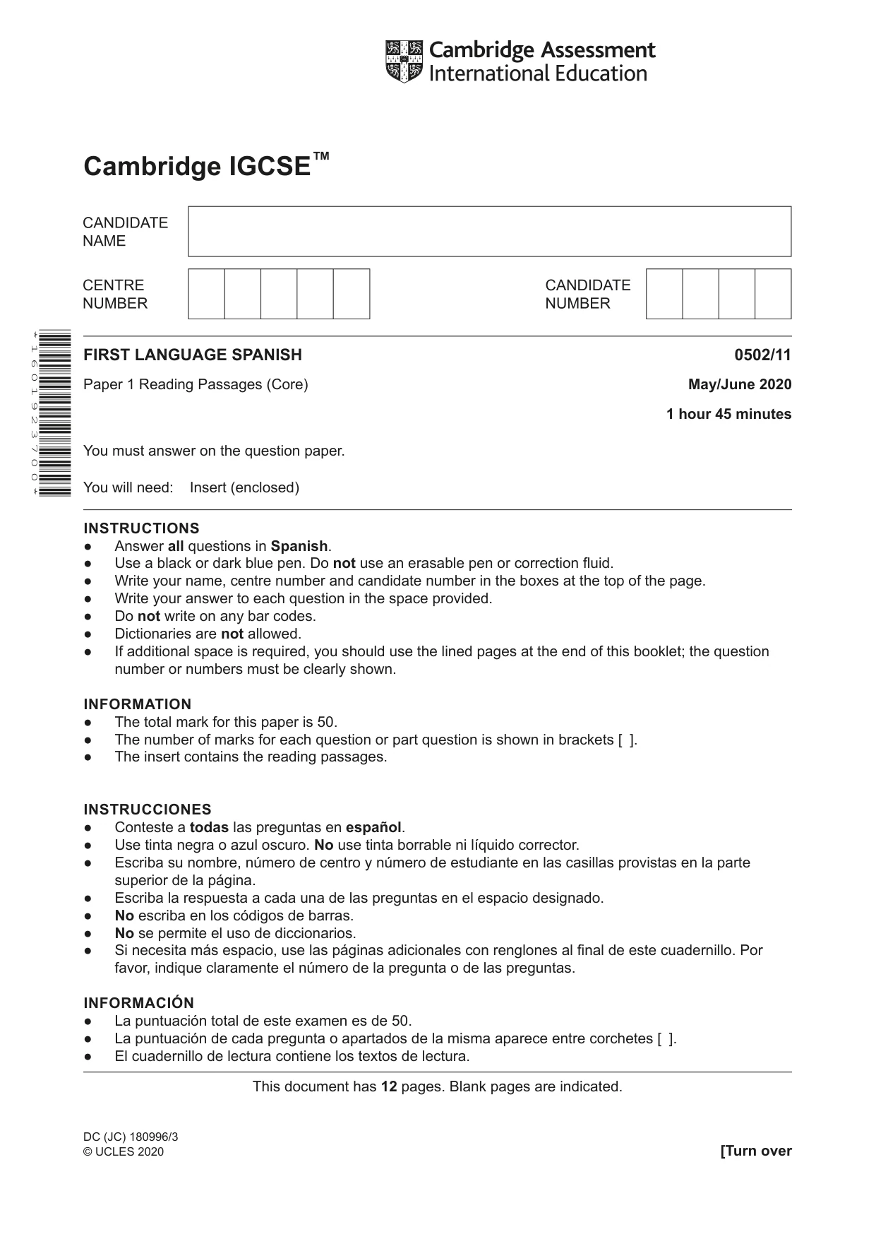 Cambridge IGCSE Spanish - First Language 0502 2020 May/June Paper 1 · Variant 1 question paper, page 1 of 12