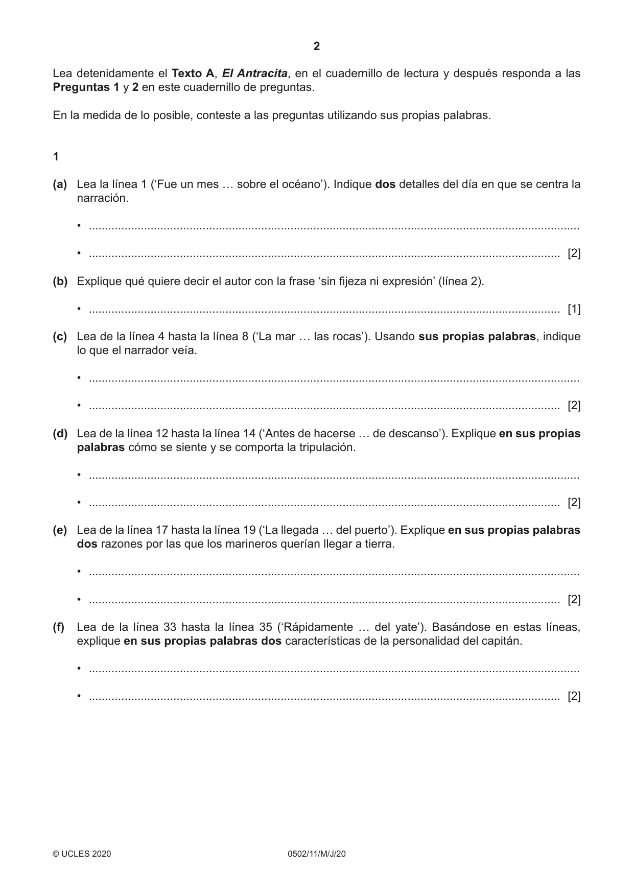 Cambridge IGCSE Spanish - First Language 0502 2020 May/June Paper 1 · Variant 1 question paper, page 2 of 12