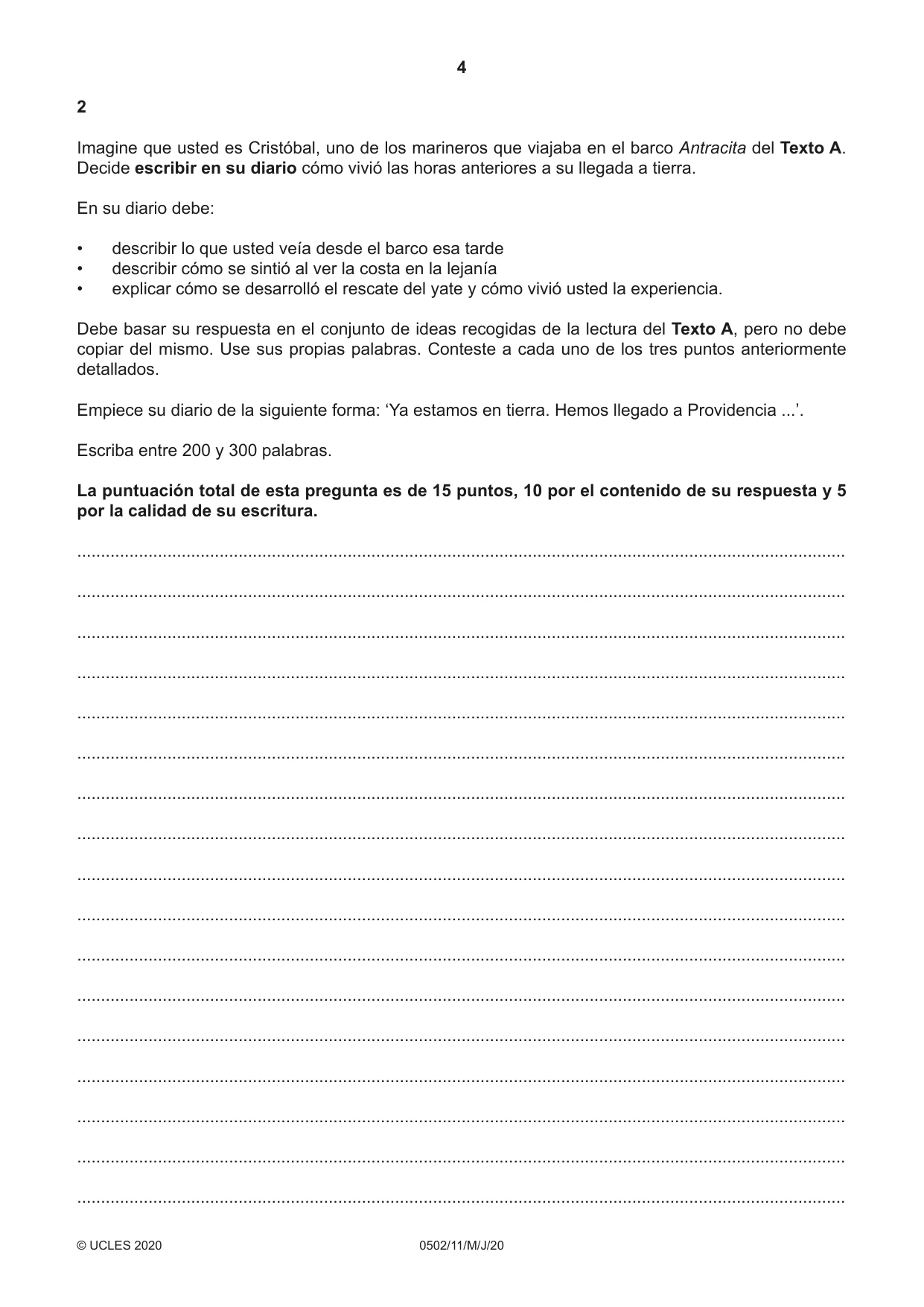 Cambridge IGCSE Spanish - First Language 0502 2020 May/June Paper 1 · Variant 1 question paper, page 4 of 12