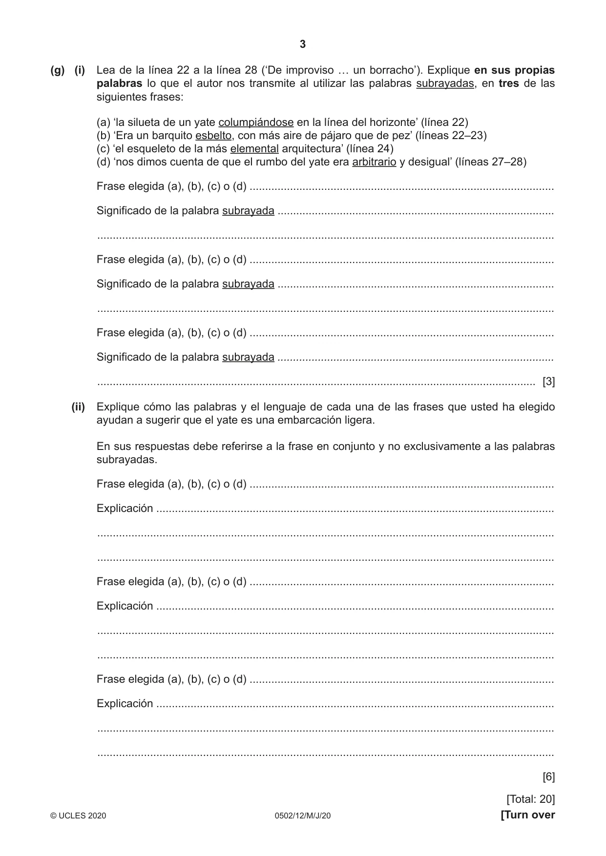 Cambridge IGCSE Spanish - First Language 0502 2020 May/June Paper 1 · Variant 2 question paper, page 3 of 12