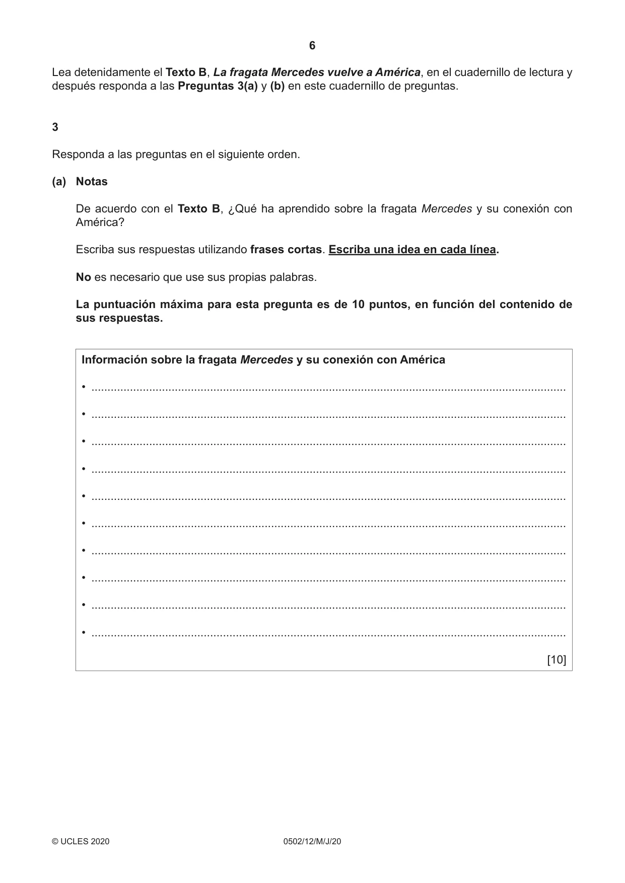 Cambridge IGCSE Spanish - First Language 0502 2020 May/June Paper 1 · Variant 2 question paper, page 6 of 12