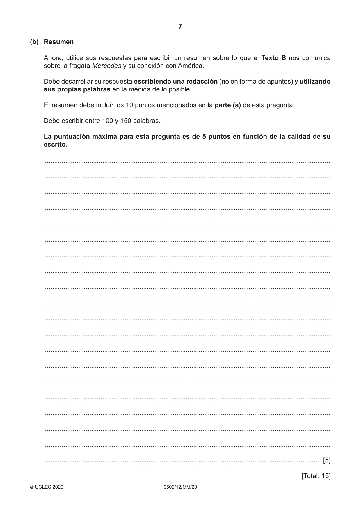 Cambridge IGCSE Spanish - First Language 0502 2020 May/June Paper 1 · Variant 2 question paper, page 7 of 12