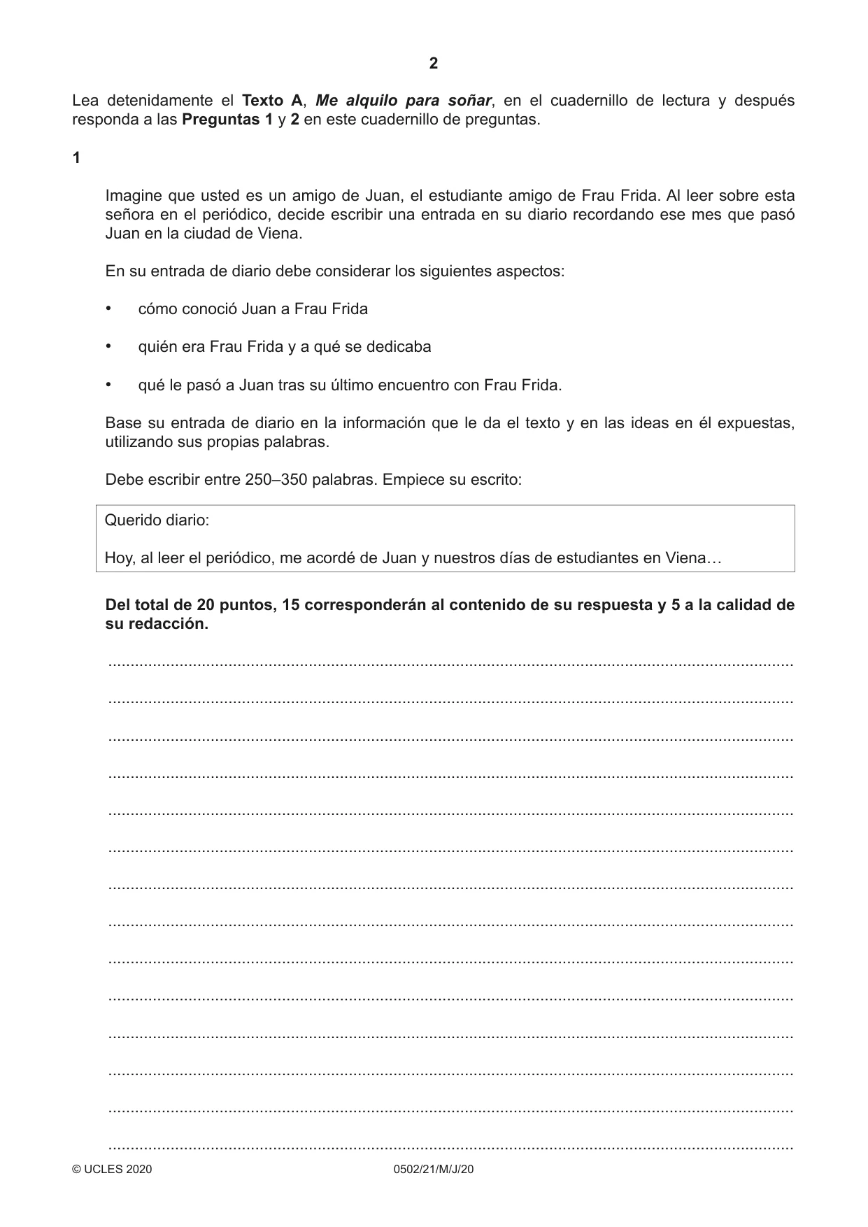 Cambridge IGCSE Spanish - First Language 0502 2020 May/June Paper 2 · Variant 1 question paper, page 2 of 12