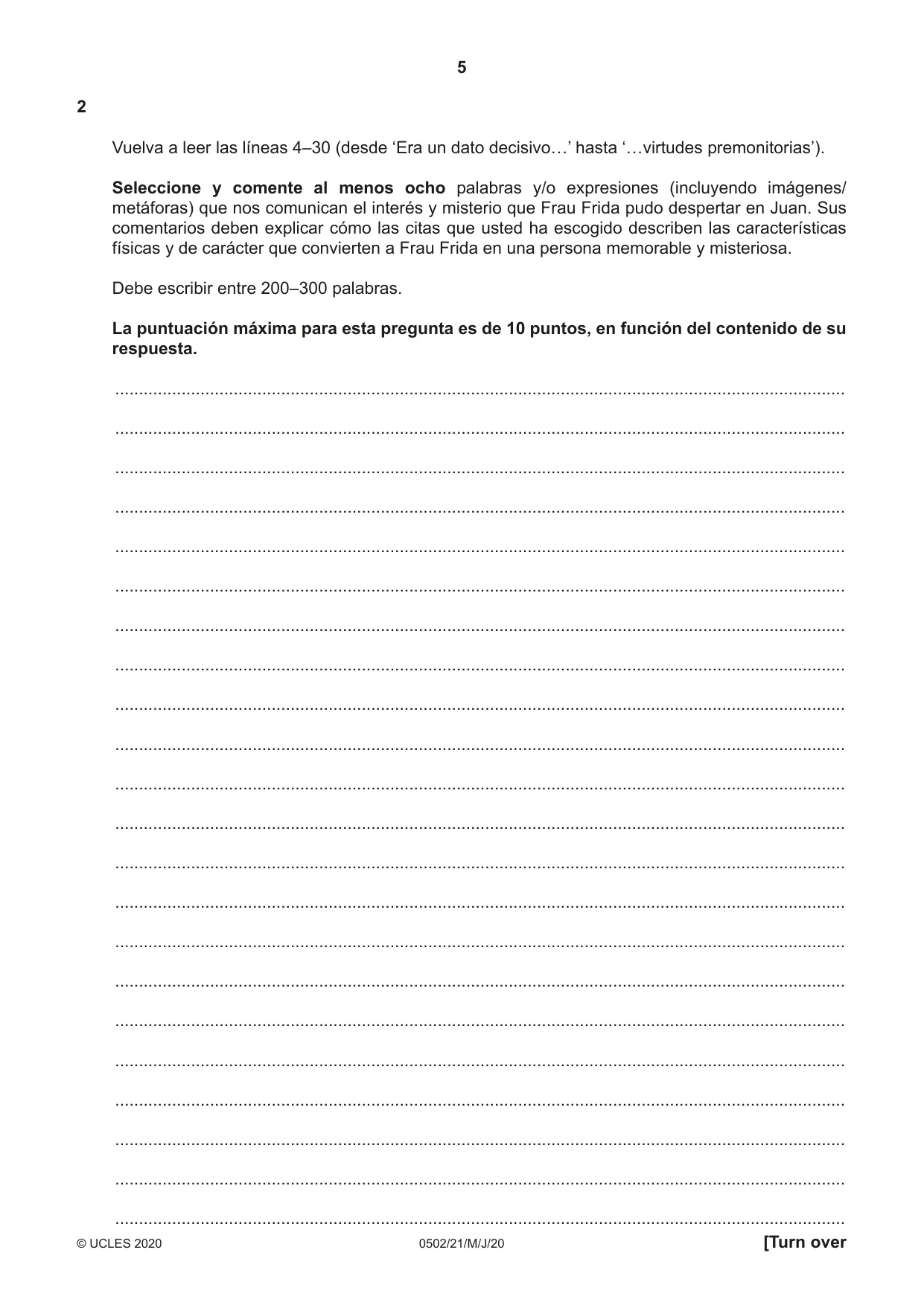 Cambridge IGCSE Spanish - First Language 0502 2020 May/June Paper 2 · Variant 1 question paper, page 5 of 12