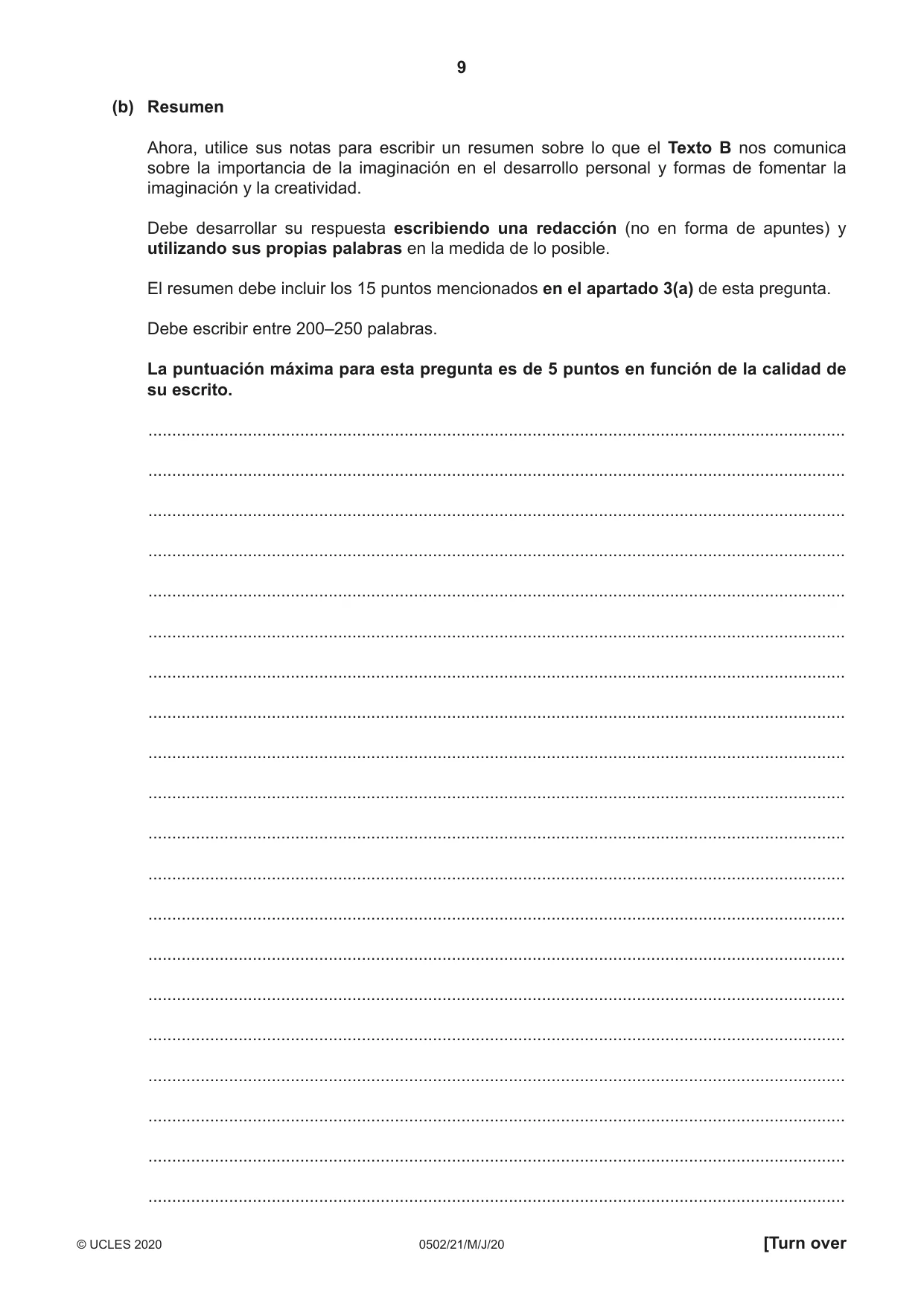 Cambridge IGCSE Spanish - First Language 0502 2020 May/June Paper 2 · Variant 1 question paper, page 9 of 12