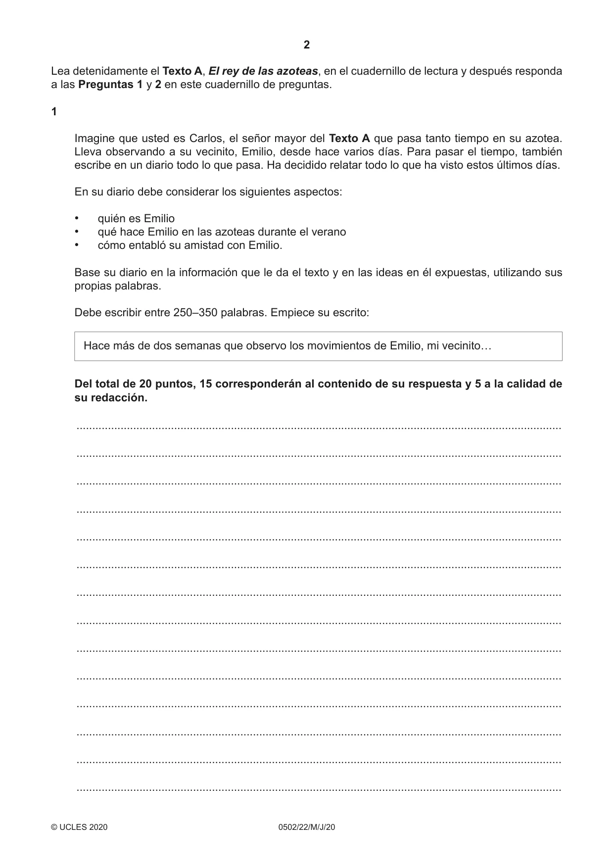 Cambridge IGCSE Spanish - First Language 0502 2020 May/June Paper 2 · Variant 2 question paper, page 2 of 12