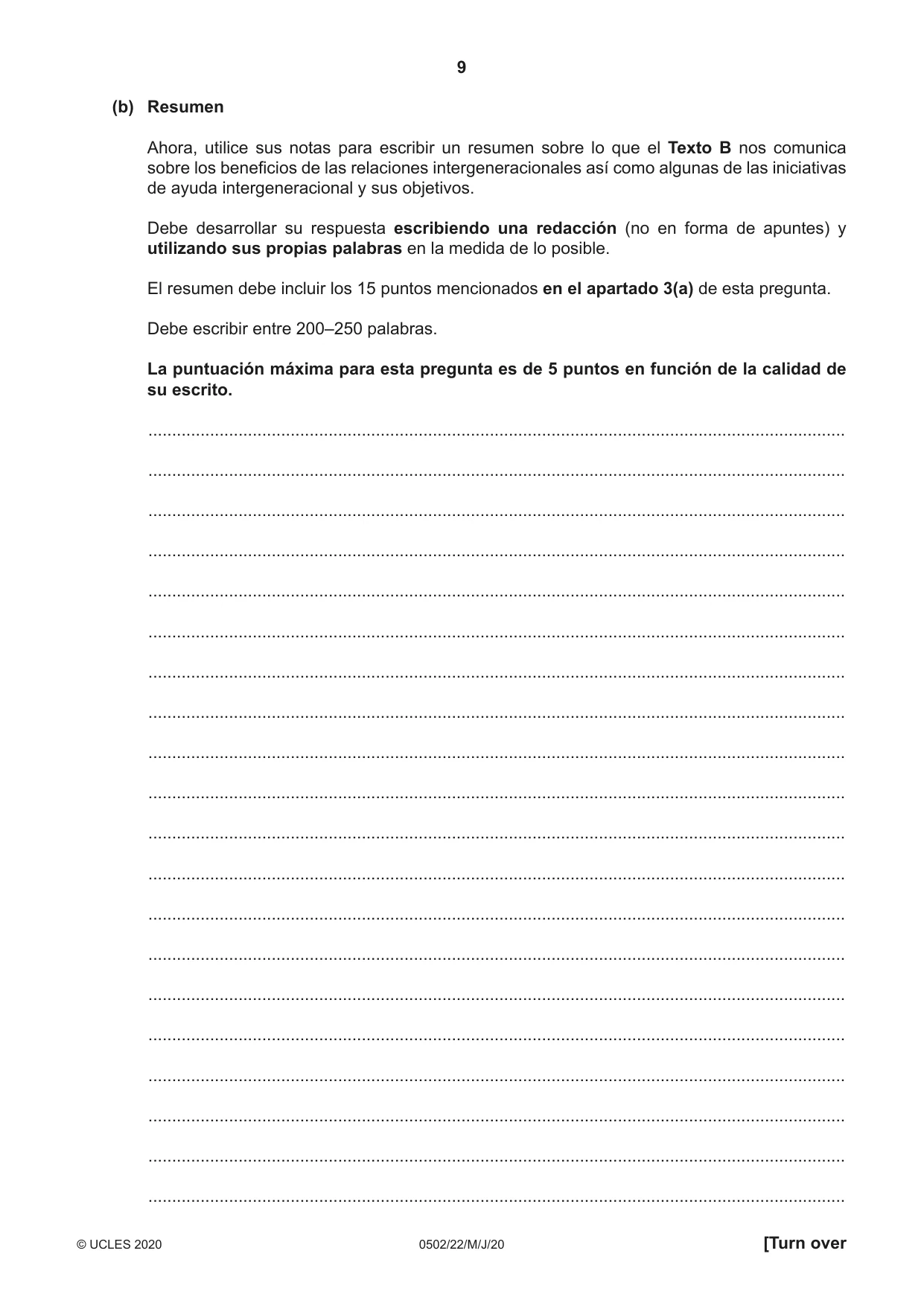Cambridge IGCSE Spanish - First Language 0502 2020 May/June Paper 2 · Variant 2 question paper, page 9 of 12