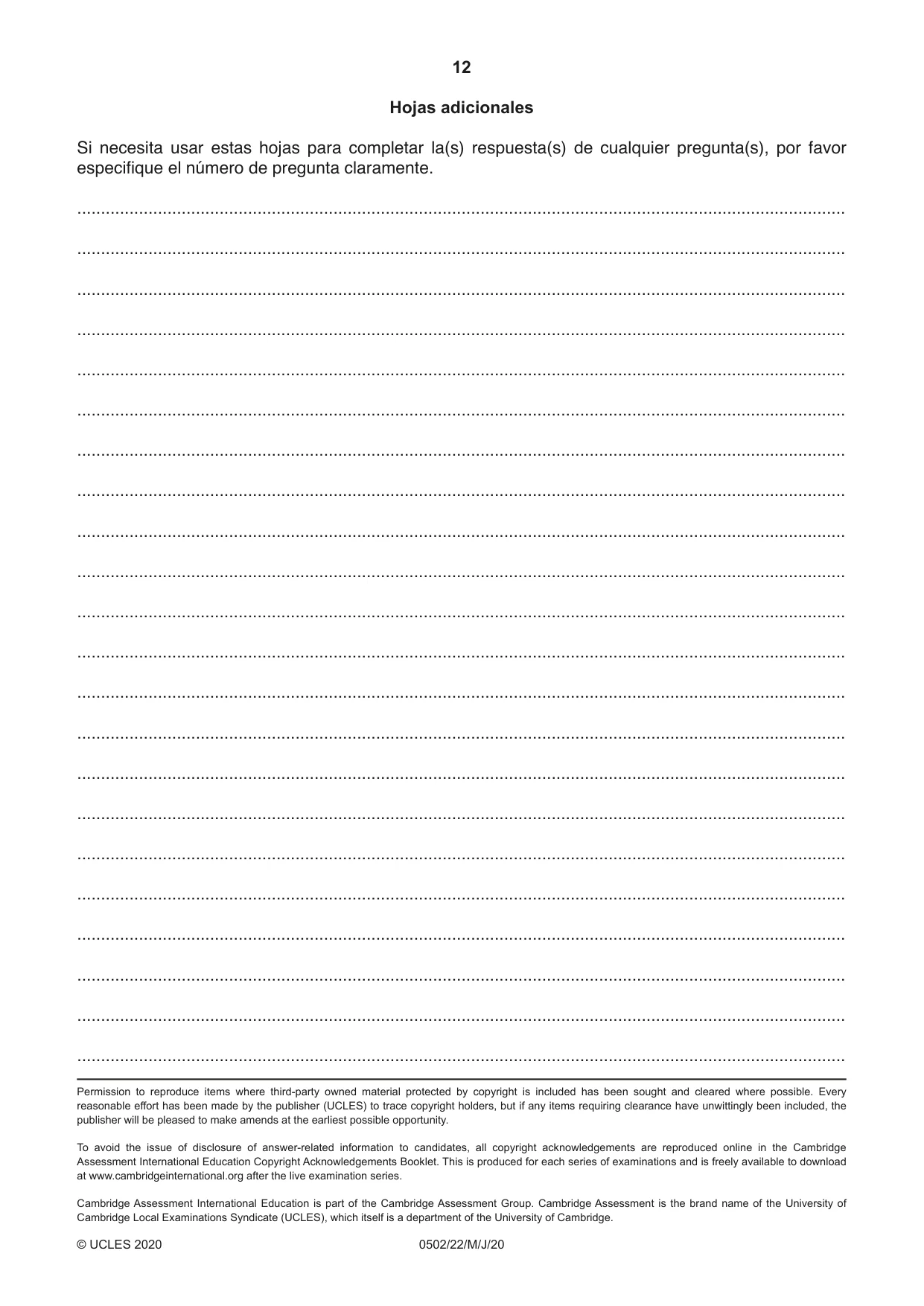 Cambridge IGCSE Spanish - First Language 0502 2020 May/June Paper 2 · Variant 2 question paper, page 12 of 12