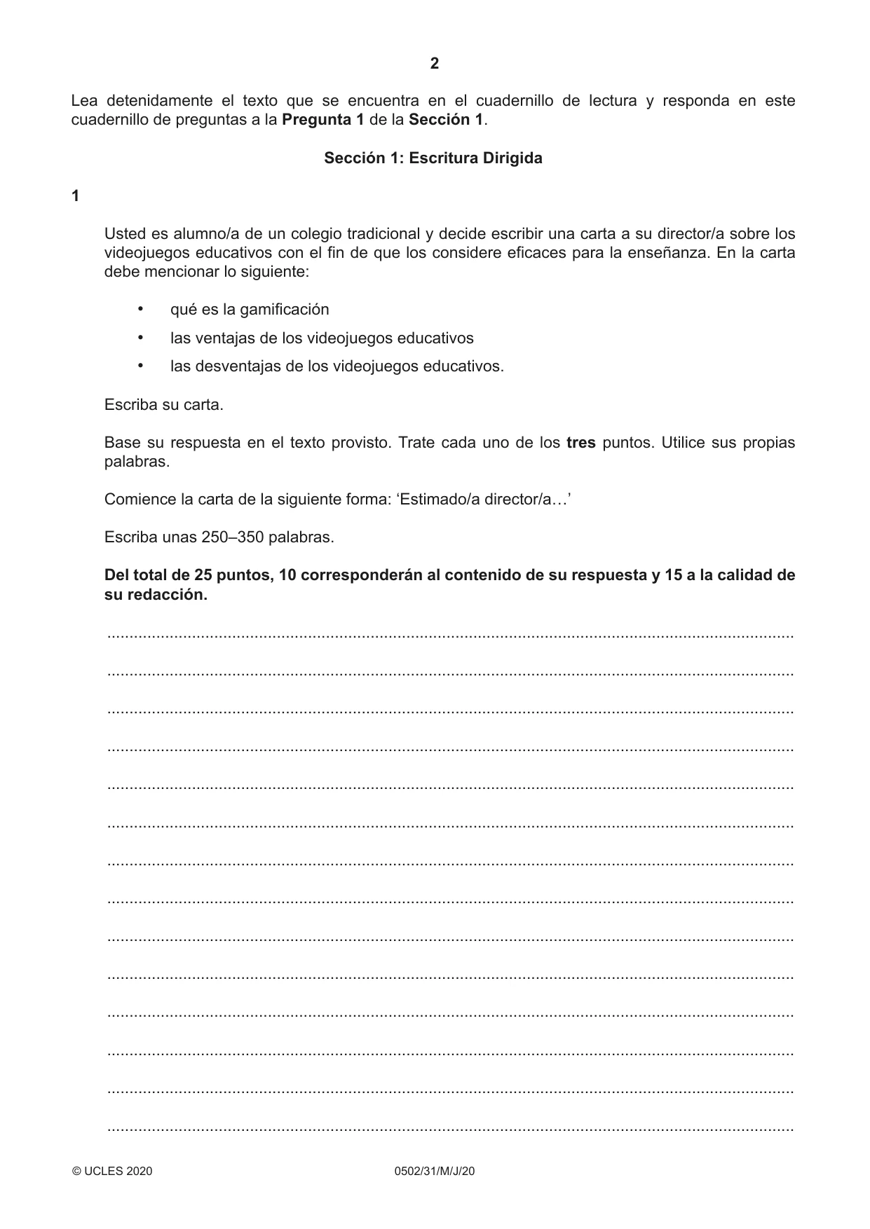 Cambridge IGCSE Spanish - First Language 0502 2020 May/June Paper 3 · Variant 1 question paper, page 2 of 12