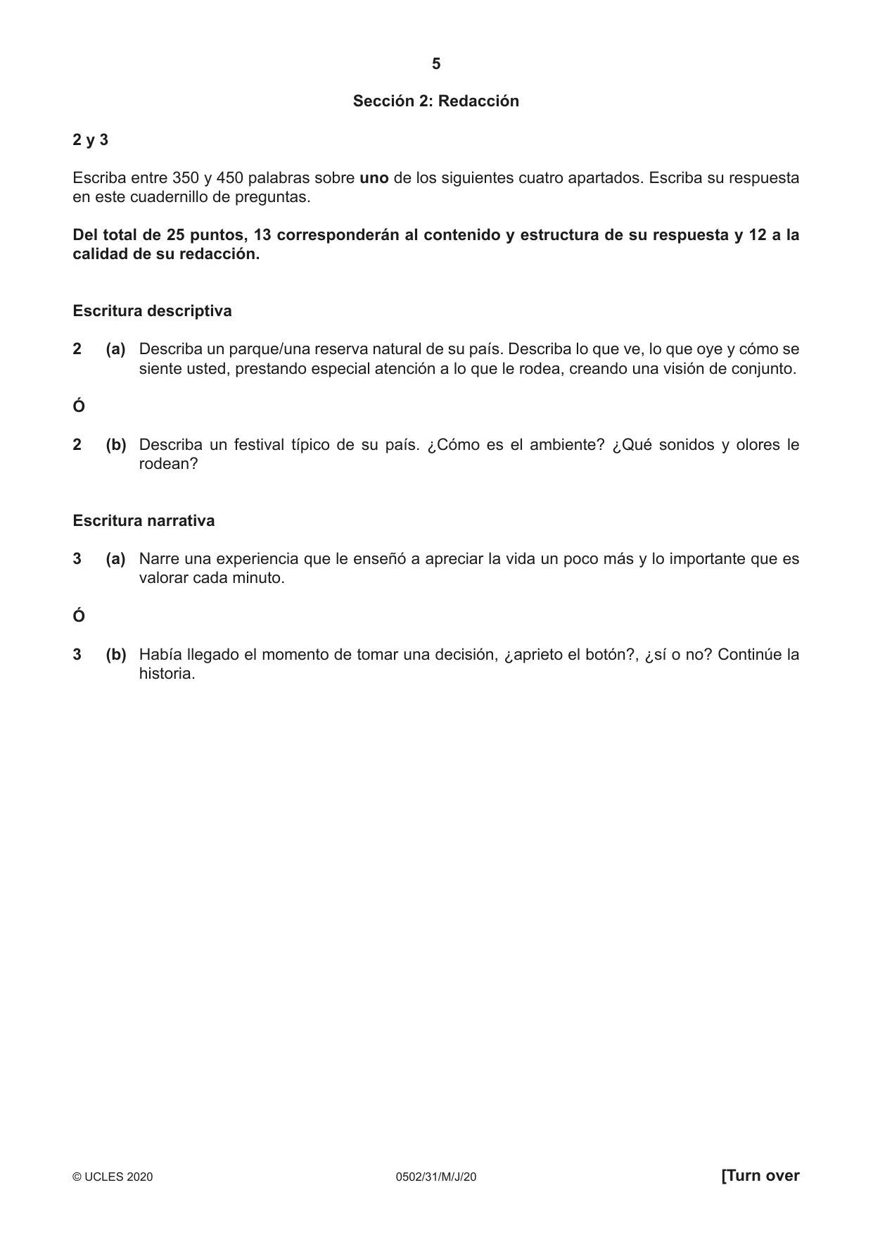 Cambridge IGCSE Spanish - First Language 0502 2020 May/June Paper 3 · Variant 1 question paper, page 5 of 12