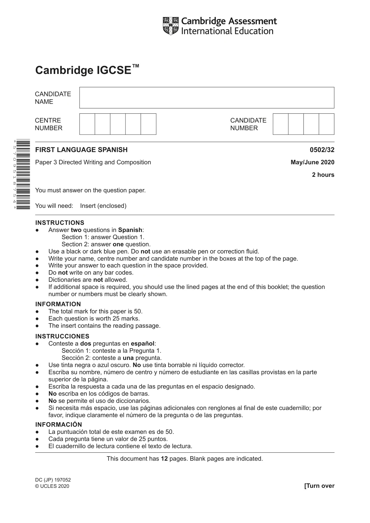Cambridge IGCSE Spanish - First Language 0502 2020 May/June Paper 3 · Variant 2 question paper, page 1 of 12