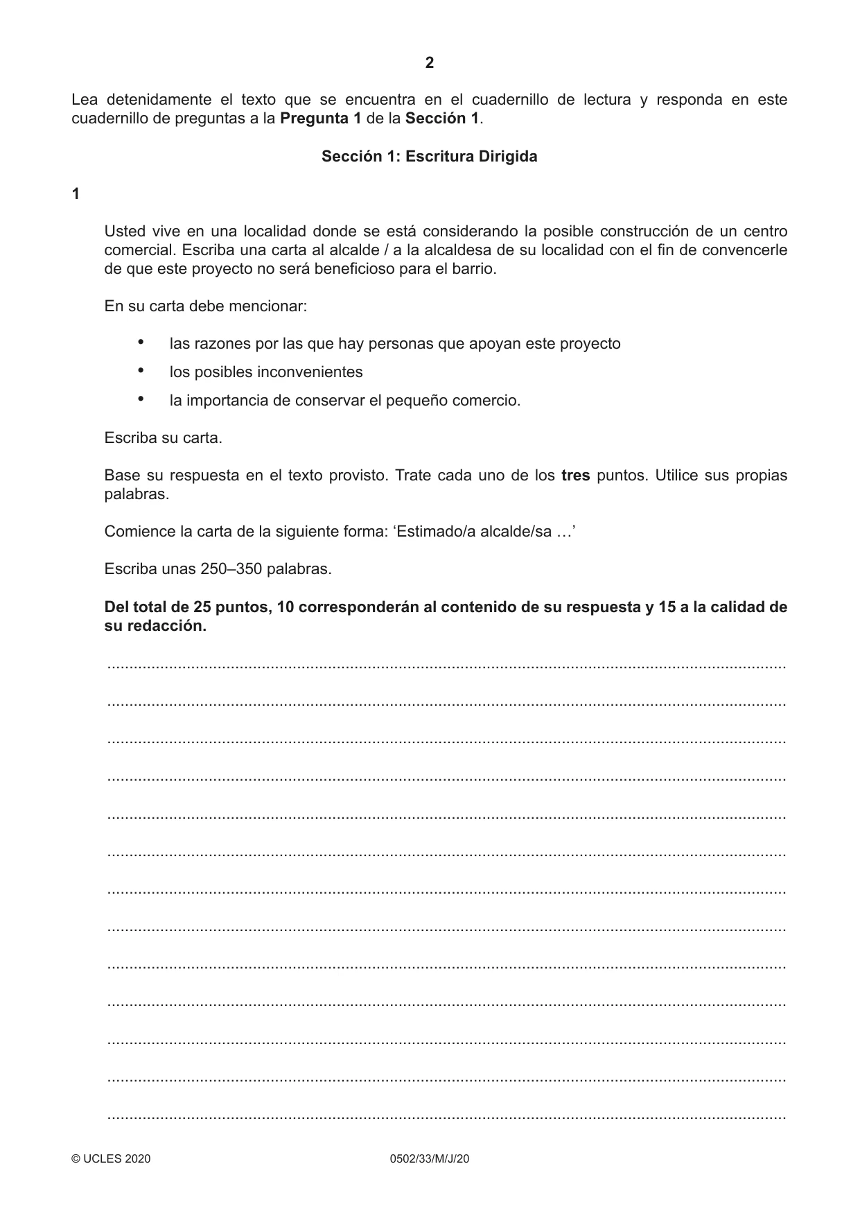 Cambridge IGCSE Spanish - First Language 0502 2020 May/June Paper 3 · Variant 3 question paper, page 2 of 12