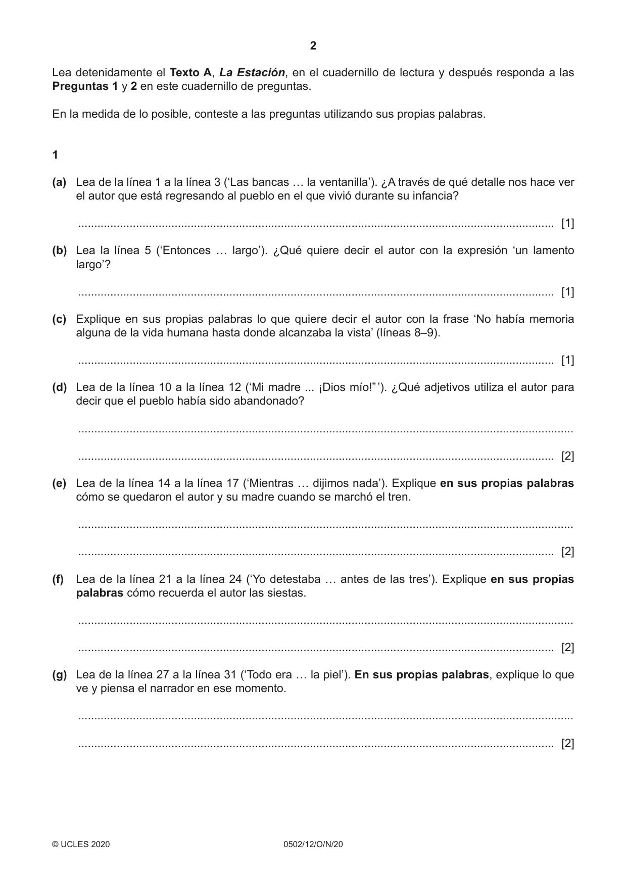 Cambridge IGCSE Spanish - First Language 0502 2020 Oct/Nov Paper 1 · Variant 2 question paper, page 2 of 12