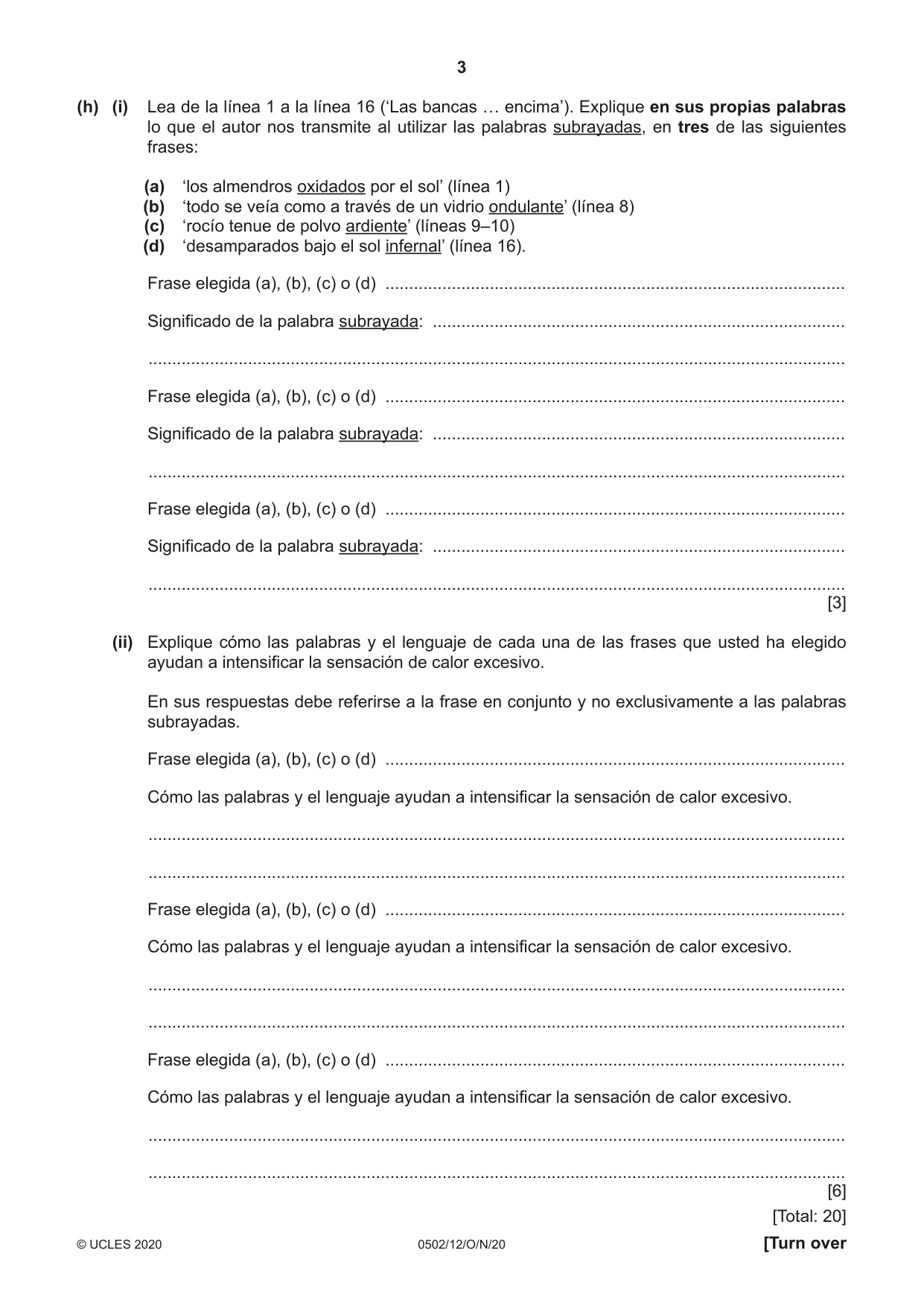 Cambridge IGCSE Spanish - First Language 0502 2020 Oct/Nov Paper 1 · Variant 2 question paper, page 3 of 12