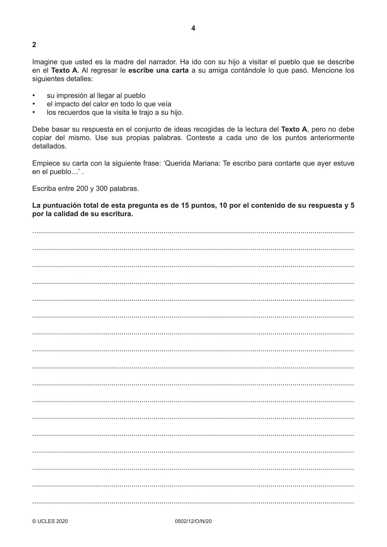 Cambridge IGCSE Spanish - First Language 0502 2020 Oct/Nov Paper 1 · Variant 2 question paper, page 4 of 12