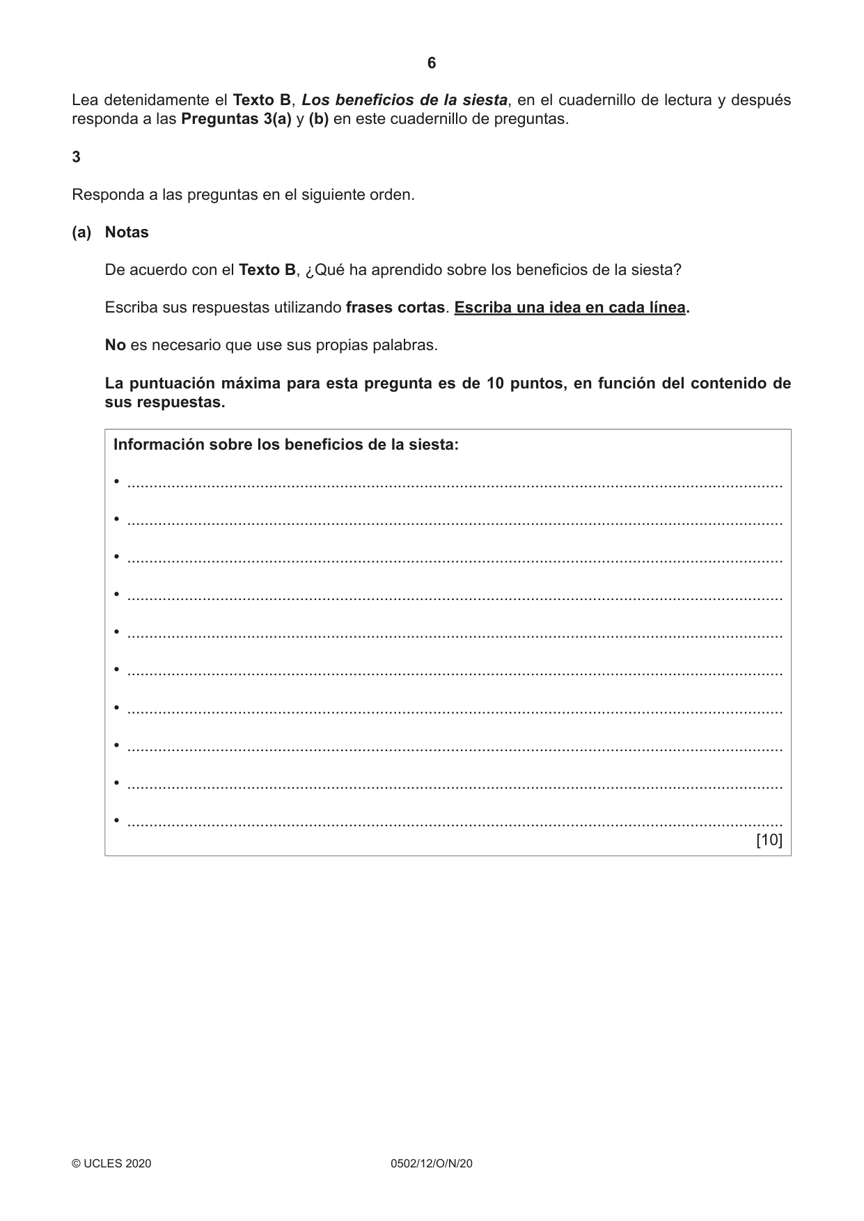 Cambridge IGCSE Spanish - First Language 0502 2020 Oct/Nov Paper 1 · Variant 2 question paper, page 6 of 12