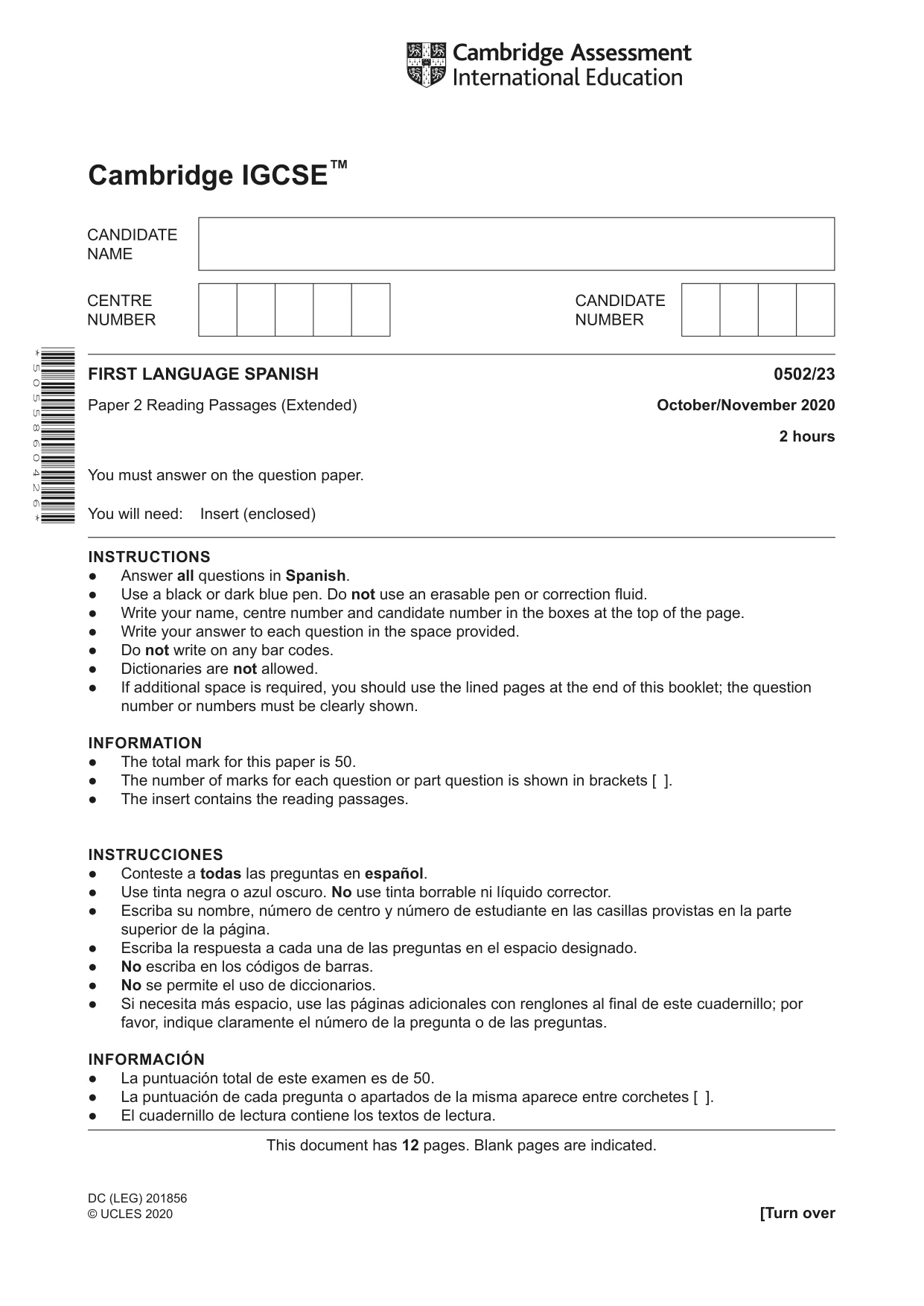 Cambridge IGCSE Spanish - First Language 0502 2020 Oct/Nov Paper 2 · Variant 3 question paper, page 1 of 12