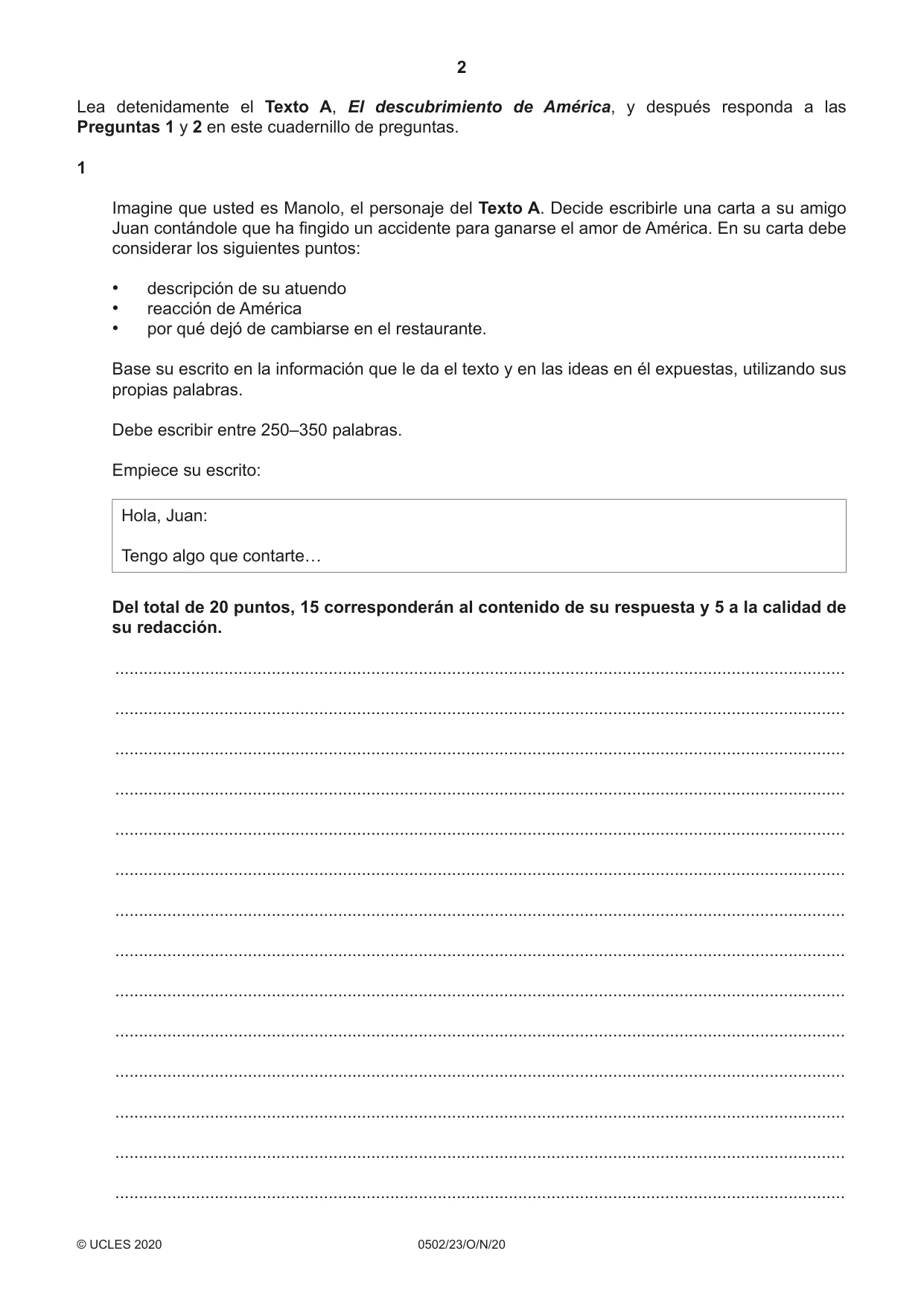 Cambridge IGCSE Spanish - First Language 0502 2020 Oct/Nov Paper 2 · Variant 3 question paper, page 2 of 12