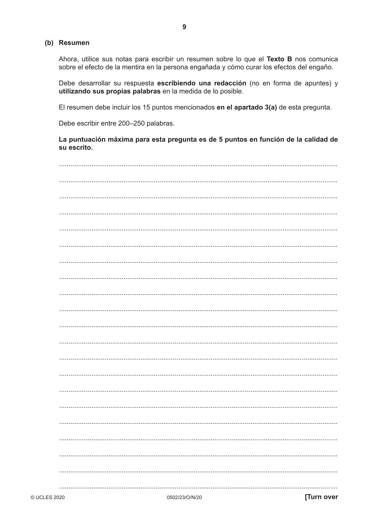 Cambridge IGCSE Spanish - First Language 0502 2020 Oct/Nov Paper 2 · Variant 3 question paper, page 9 of 12
