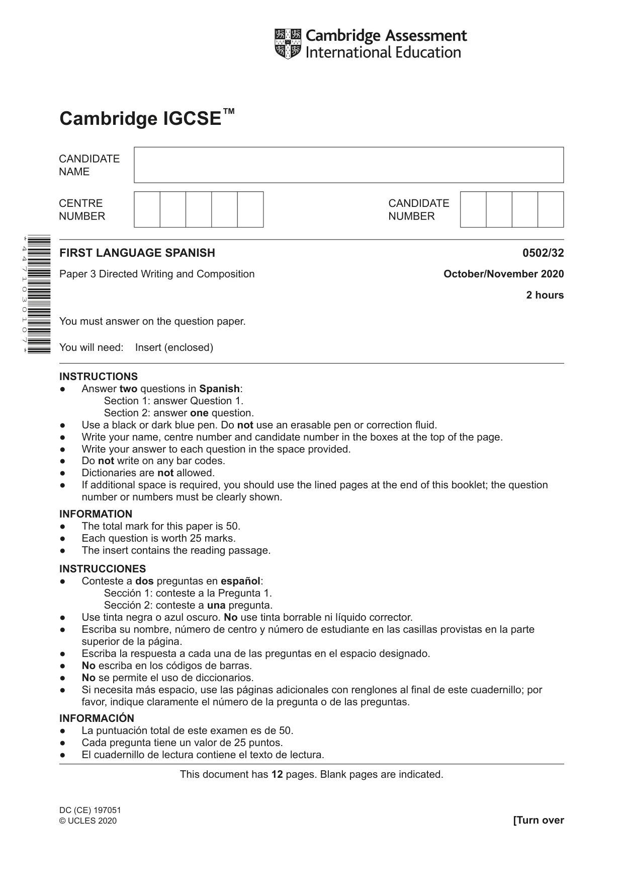 Cambridge IGCSE Spanish - First Language 0502 2020 Oct/Nov Paper 3 · Variant 2 question paper, page 1 of 12