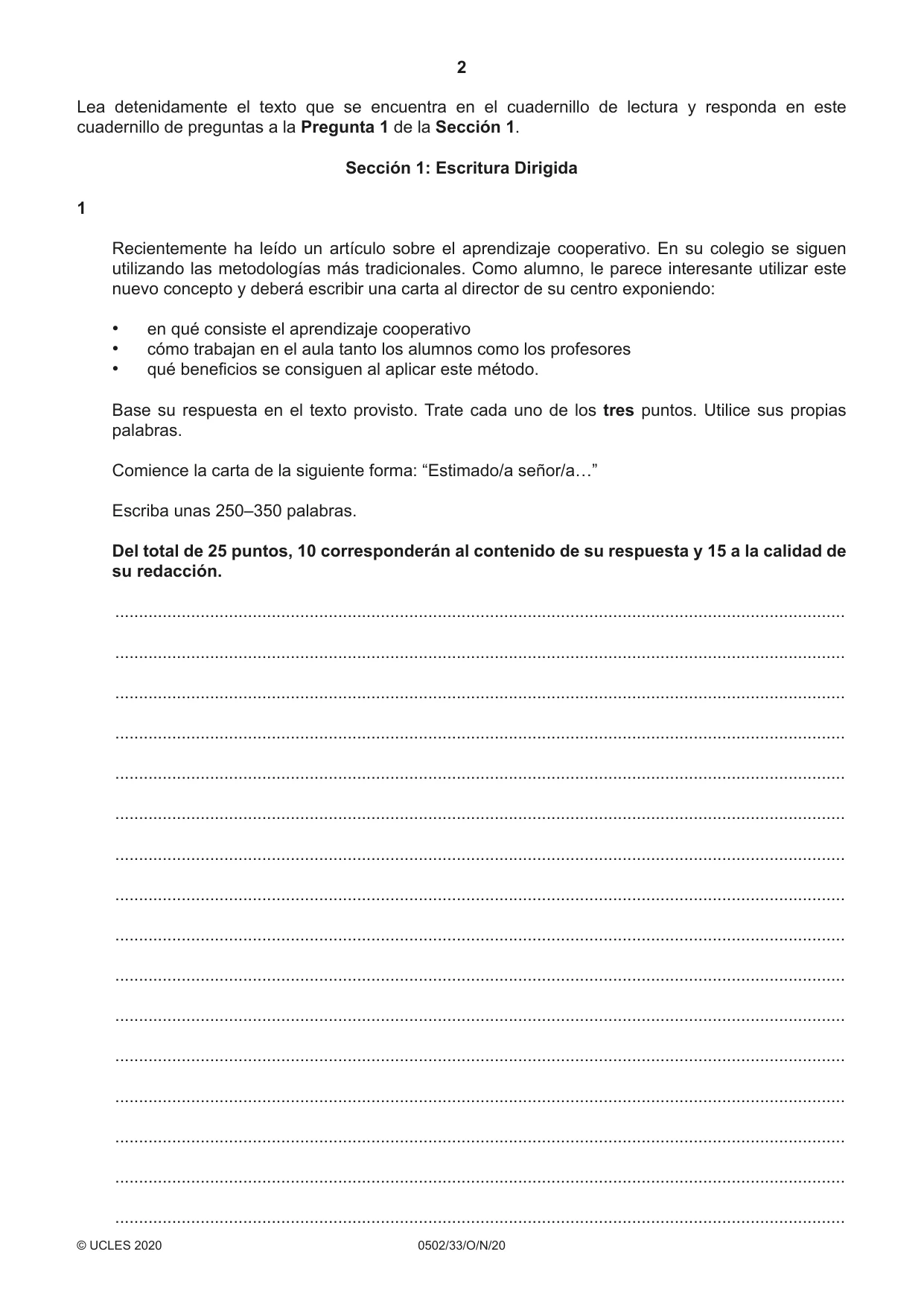 Cambridge IGCSE Spanish - First Language 0502 2020 Oct/Nov Paper 3 · Variant 3 question paper, page 2 of 12