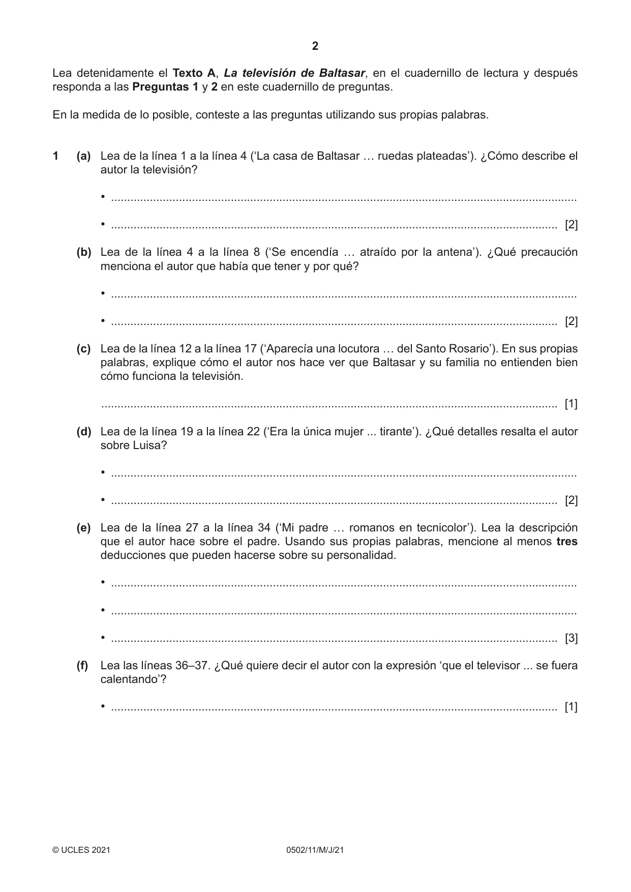 Cambridge IGCSE Spanish - First Language 0502 2021 May/June Paper 1 · Variant 1 question paper, page 2 of 12