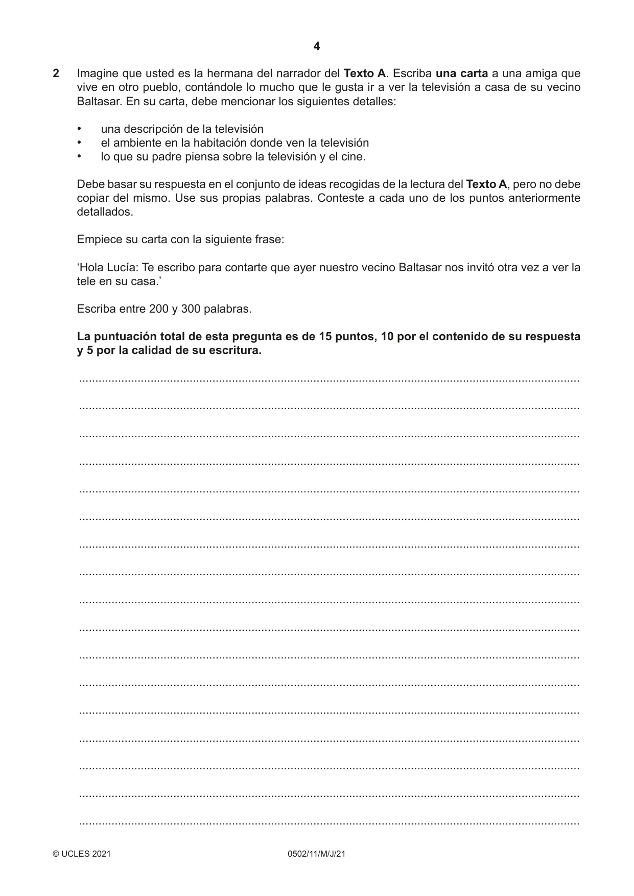 Cambridge IGCSE Spanish - First Language 0502 2021 May/June Paper 1 · Variant 1 question paper, page 4 of 12