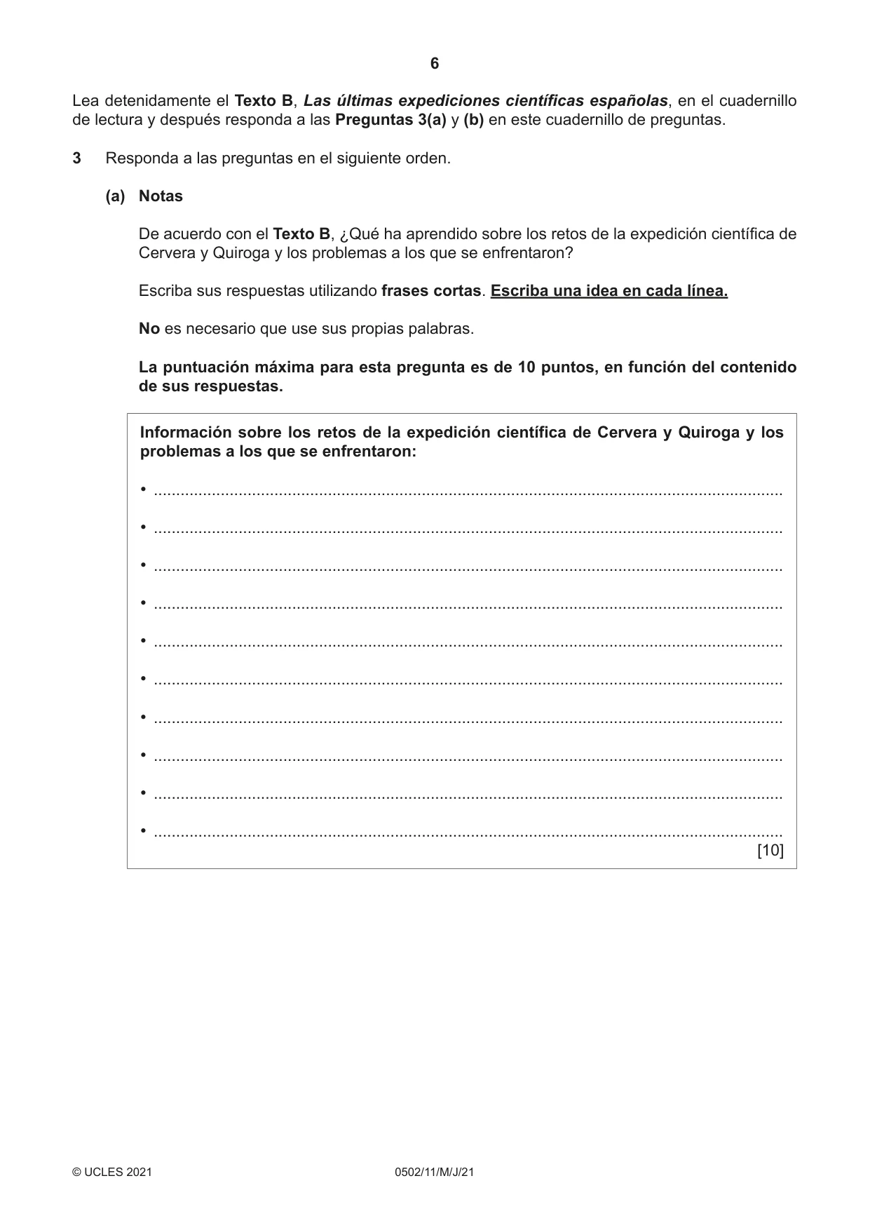 Cambridge IGCSE Spanish - First Language 0502 2021 May/June Paper 1 · Variant 1 question paper, page 6 of 12