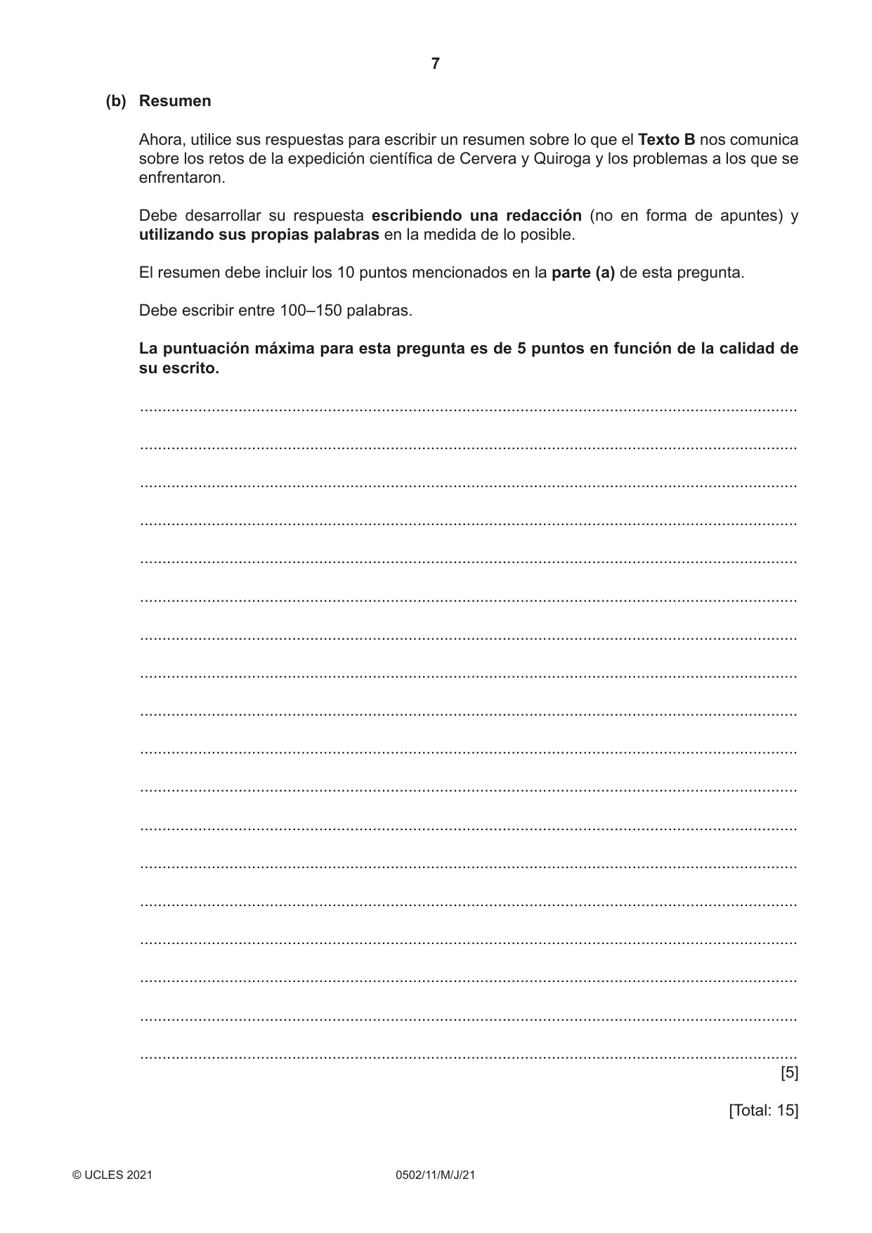 Cambridge IGCSE Spanish - First Language 0502 2021 May/June Paper 1 · Variant 1 question paper, page 7 of 12