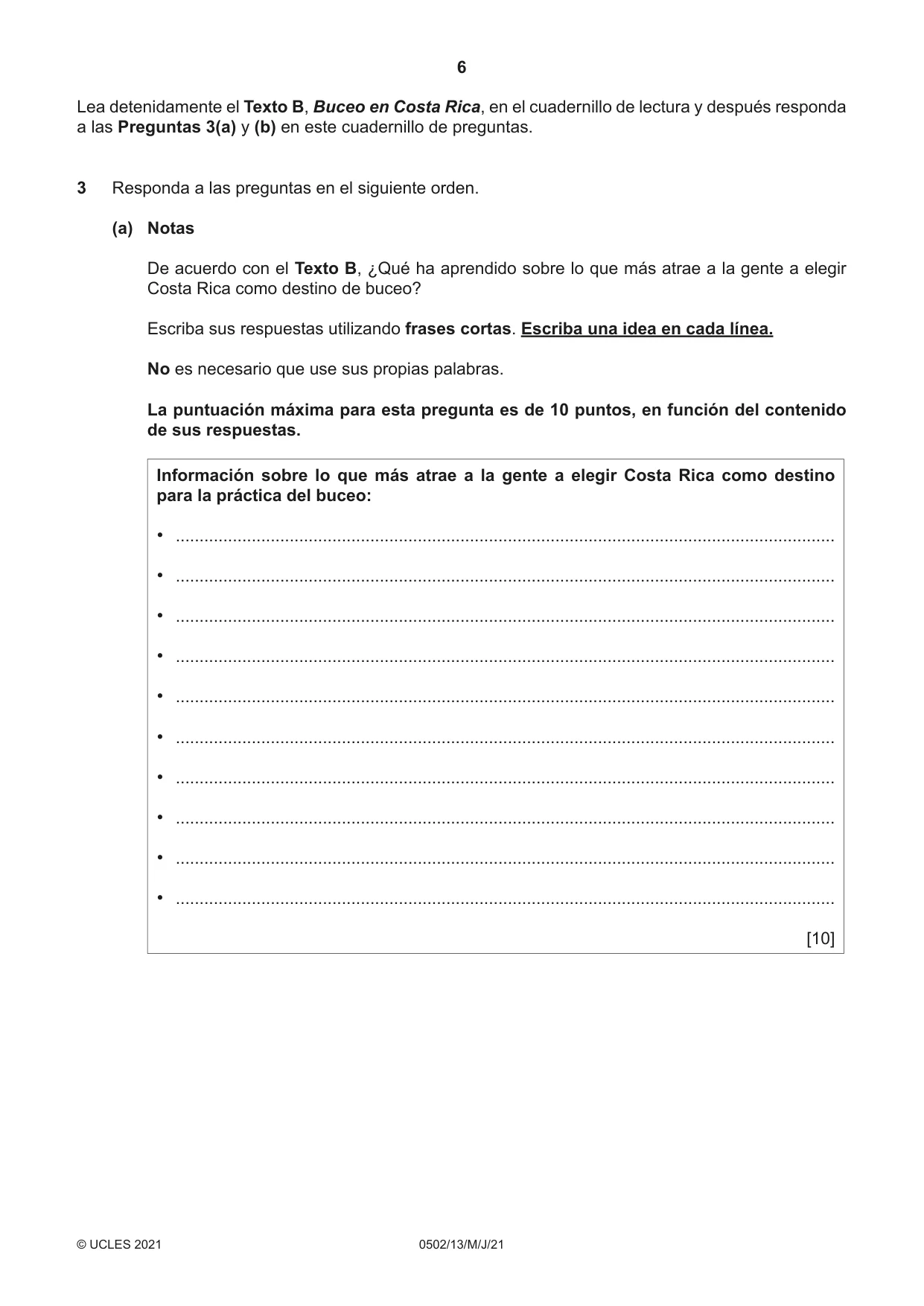 Cambridge IGCSE Spanish - First Language 0502 2021 May/June Paper 1 · Variant 3 question paper, page 6 of 12