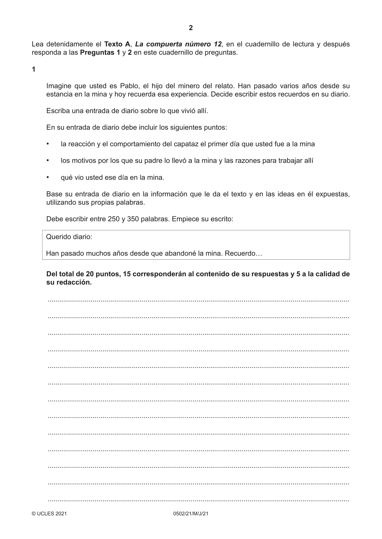 Cambridge IGCSE Spanish - First Language 0502 2021 May/June Paper 2 · Variant 1 question paper, page 2 of 12