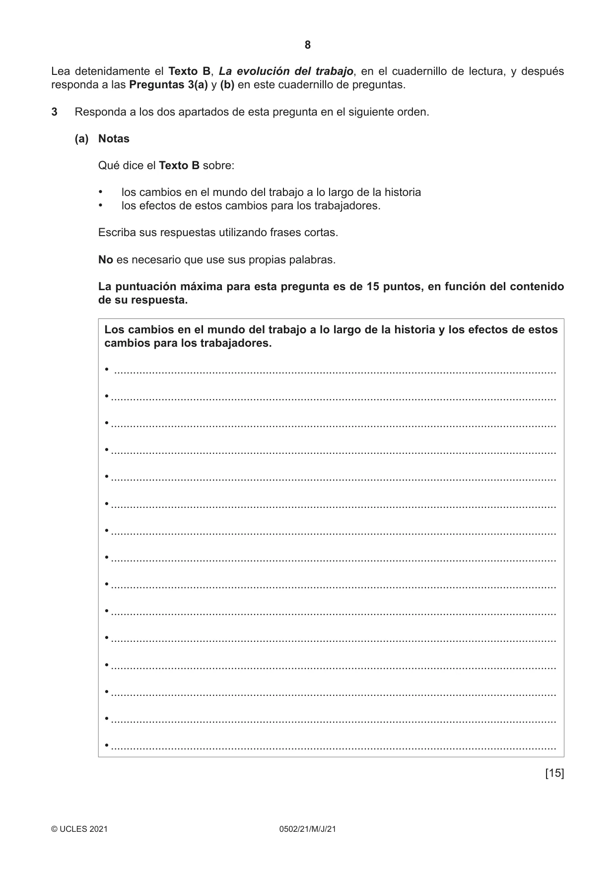 Cambridge IGCSE Spanish - First Language 0502 2021 May/June Paper 2 · Variant 1 question paper, page 8 of 12