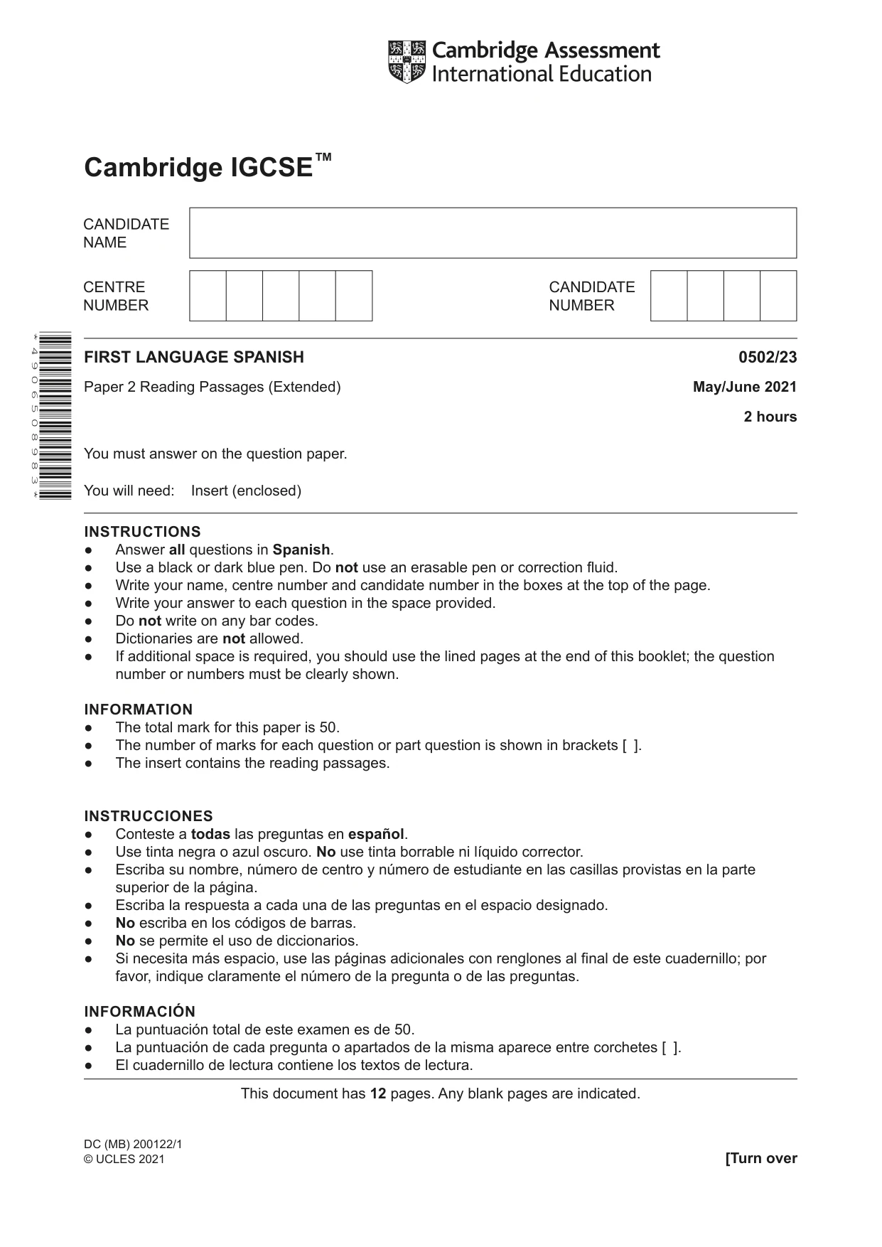 Cambridge IGCSE Spanish - First Language 0502 2021 May/June Paper 2 · Variant 3 question paper, page 1 of 12