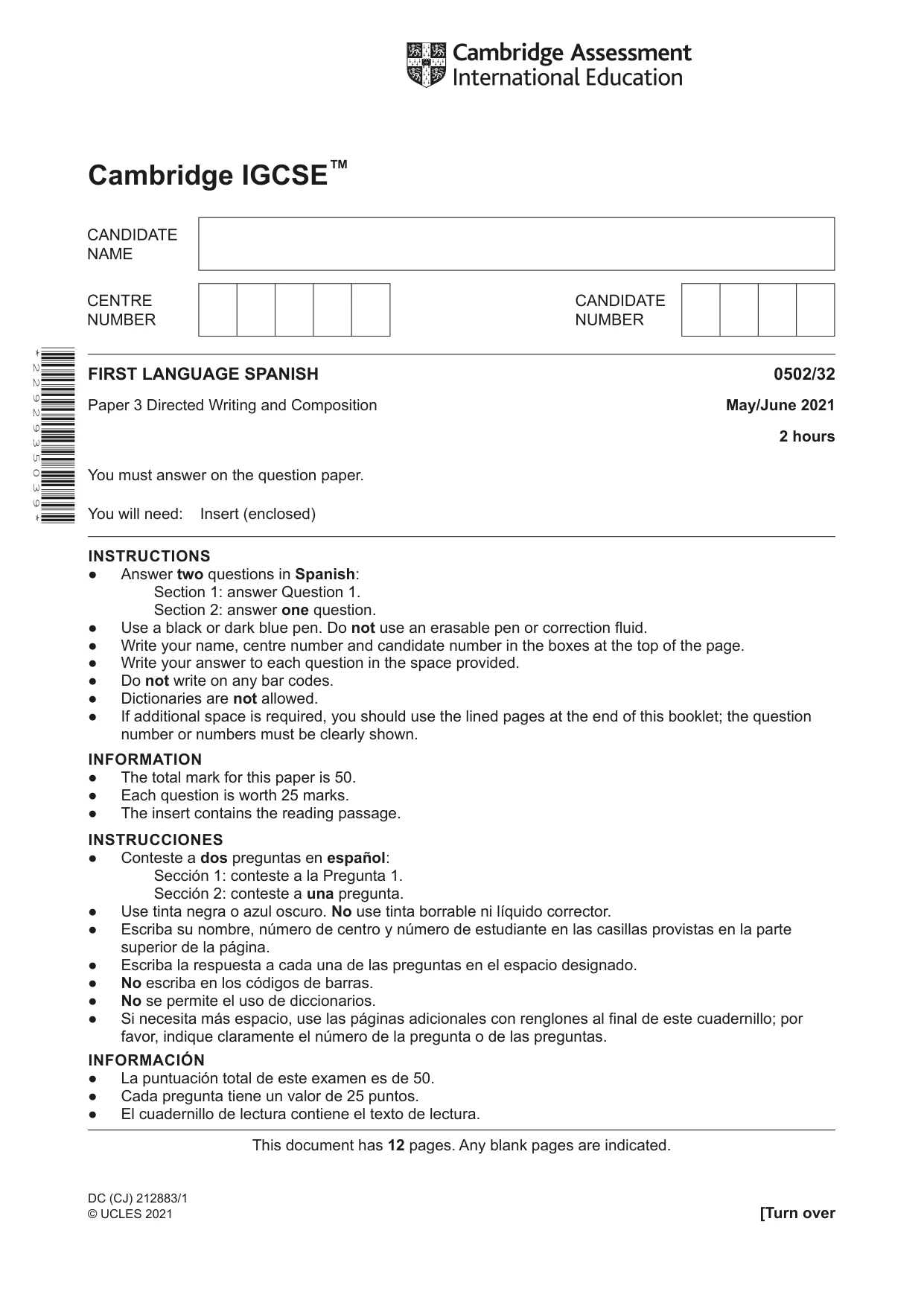 Cambridge IGCSE Spanish - First Language 0502 2021 May/June Paper 3 · Variant 2 question paper, page 1 of 12