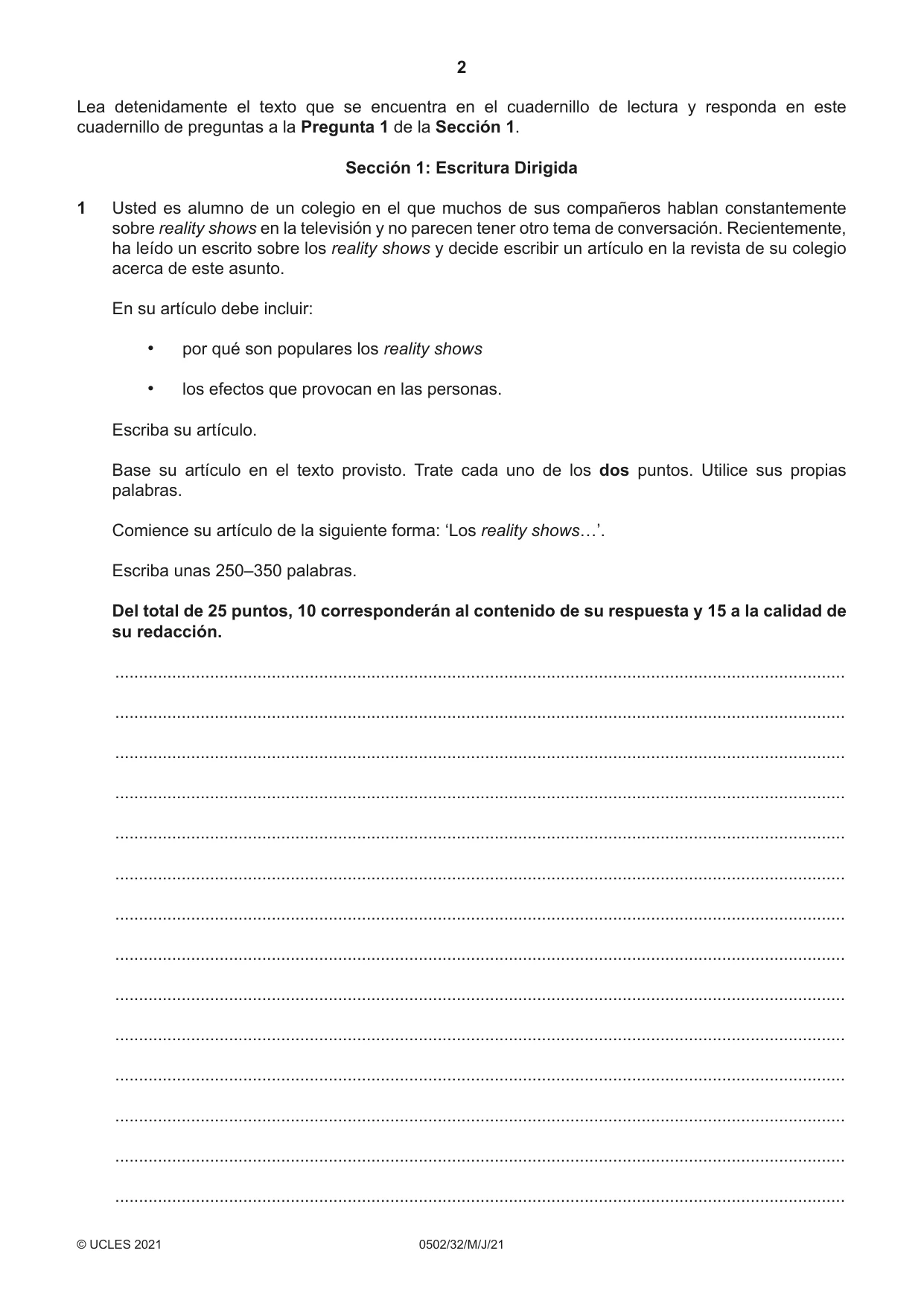 Cambridge IGCSE Spanish - First Language 0502 2021 May/June Paper 3 · Variant 2 question paper, page 2 of 12